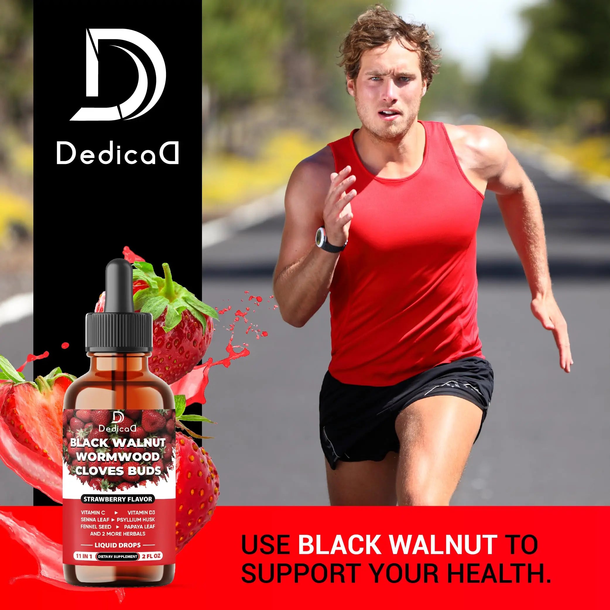 DEDICAD 11in1 Black Walnut Wormwood Cloves Liquid Drops with Cloves Buds, Senna Leaf, Psyllium Husk, Fennel Seed, Papaya Leaf and More - 2 oz Fl - 60 Days - Strawberry Flavor DEDICAD buy supplements canada