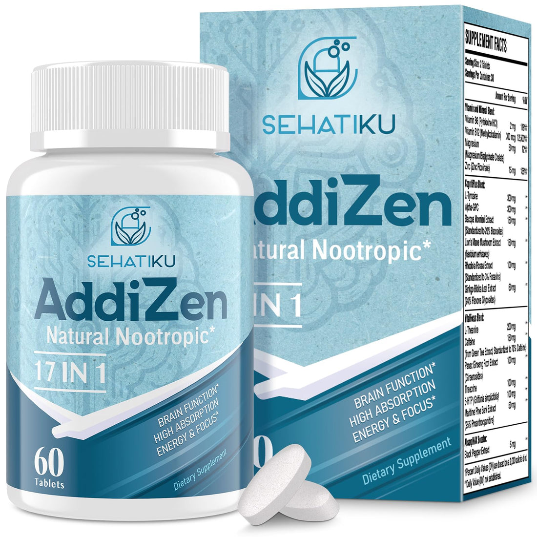 17-in-1 Brain Supplement for Memory and Focus | Natural Nootropics Brain Supplement for Brain Cognition, Energy | High Absorption | L-Theanine, Phytonutrient Blend and Vitamins B6, B12 | 60 Tablets SehatiKu buy supplements canada