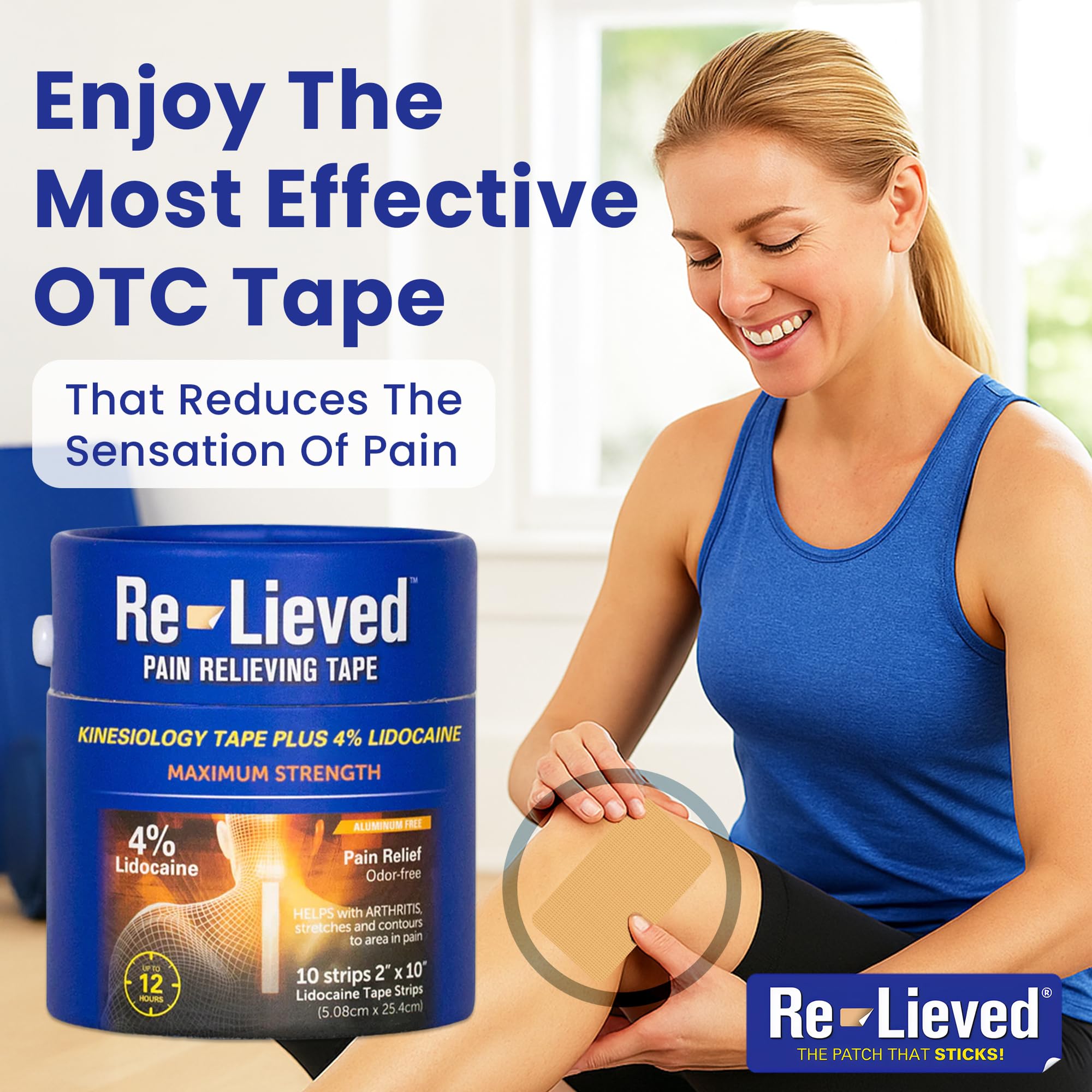 4% Lidocaine Maximum Strength Pain Relief Kinesiology Tape - Relieves Back, Joints and Muscle Pains - Superior Sticking, Aluminum-Free Water Resistant, and USA Made - 2" x 10" Strips Re-lieved buy supplements canada