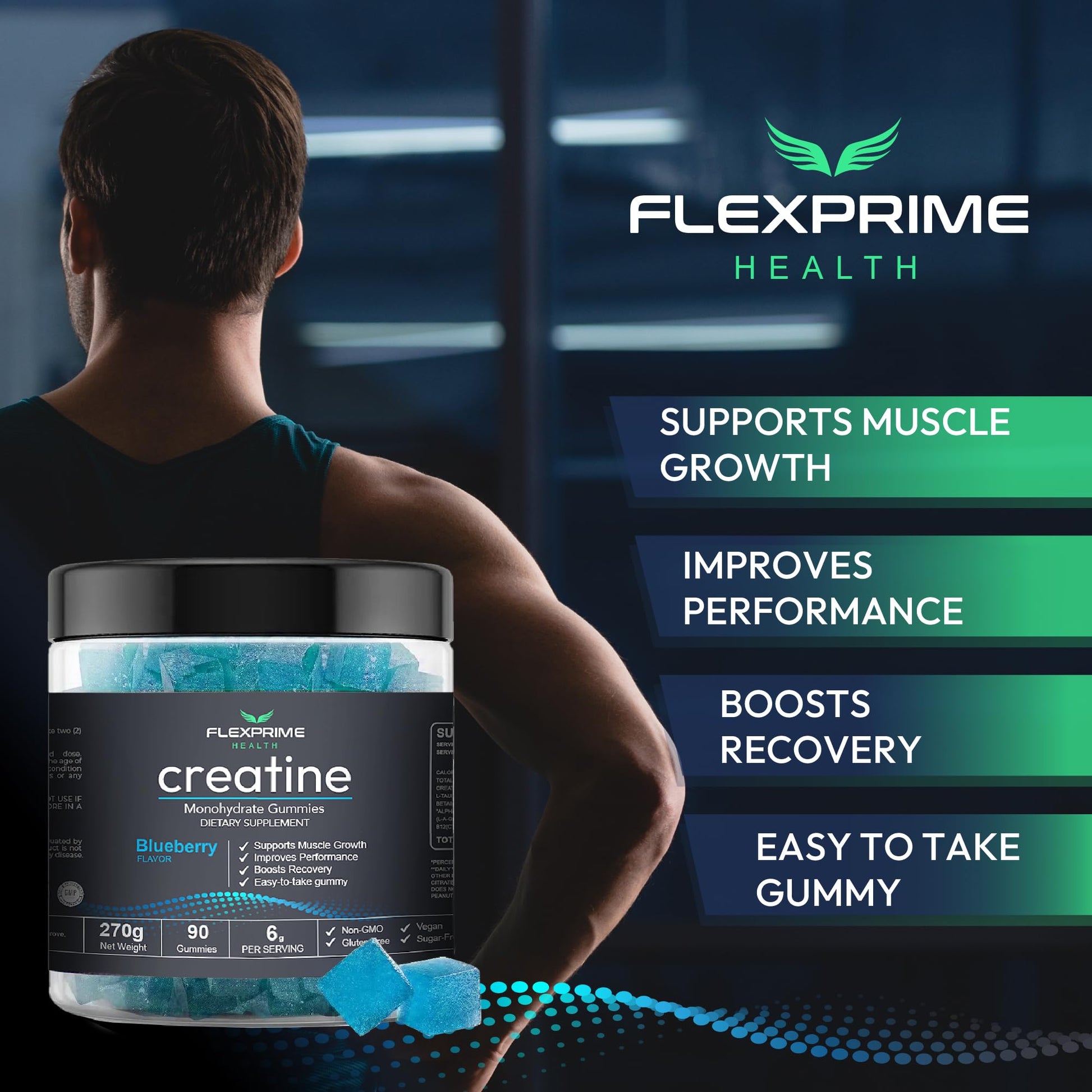 FlexPrime Creatine Gummies Sugar Free - 6g Creatine Monohydrate + L-Taurine, Alpha GPC, Betaine | Vegan Halal Blueberry Chews for Lean Muscle, Strength, Brain Health | Men Women 90 Count FlexPrime buy supplements canada