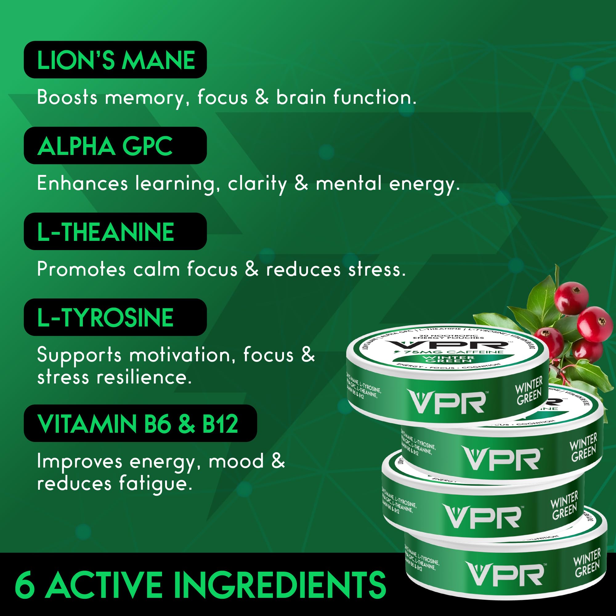 VPR 75MG Caffeine Nootropic Pouches | 20 Count Energy Pouches with Lion's Mane, Alpha-GPC, Vitamin B6 & B12, L-Theanine, and L-Tyrosine | Naturally Flavored Focus Pouches with No Sugar (Variety Pack) VPR Energy buy supplements canada
