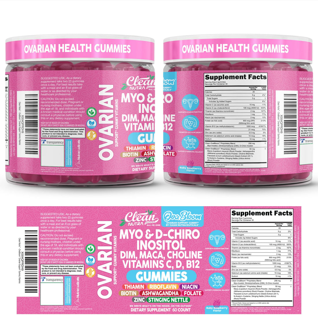 OVA Bloom Ovarian Support Gummies Myo Inositol D-Chiro Inositol Choline Flax Biotin Riboflavin Thiamin Niacin Ashwagandha DIM Maca Root Vitamin C D3 B12 Zinc 60 Count By Clean Nutra Clean Nutraceuticals buy supplements canada
