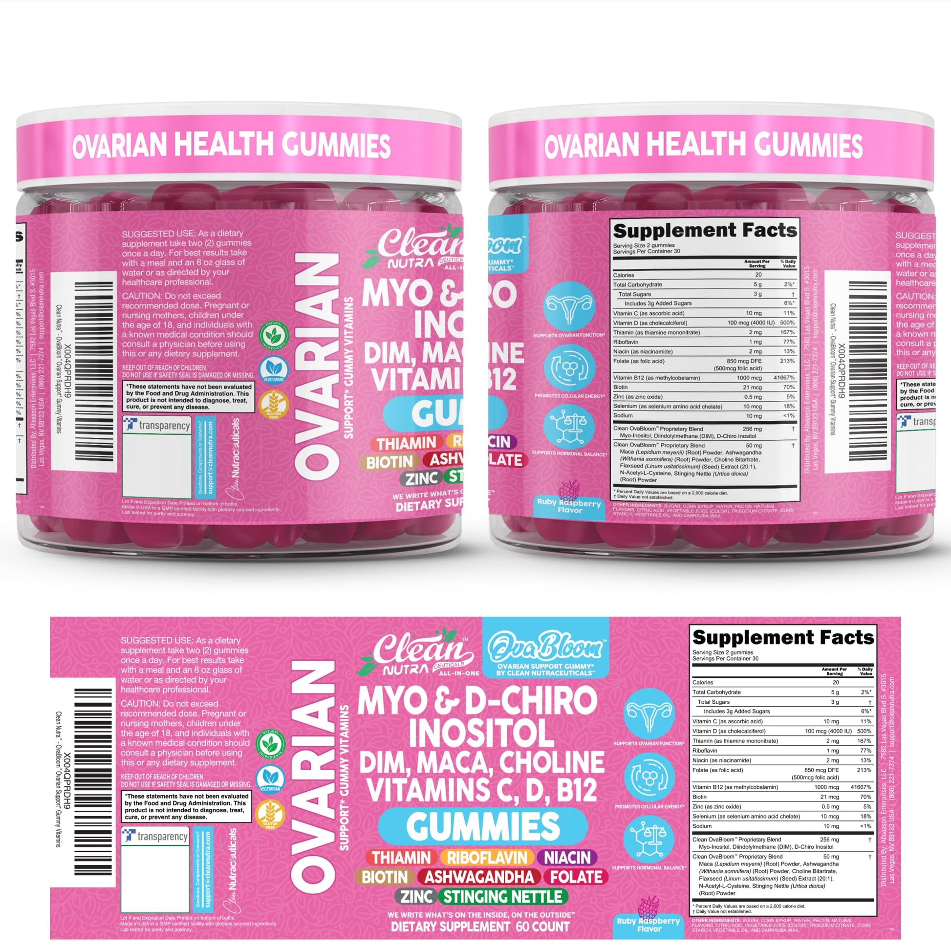 OVA Bloom Ovarian Support Gummies Myo Inositol D-Chiro Inositol Choline Flax Biotin Riboflavin Thiamin Niacin Ashwagandha DIM Maca Root Vitamin C D3 B12 Zinc 60 Count By Clean Nutra Clean Nutraceuticals buy supplements canada
