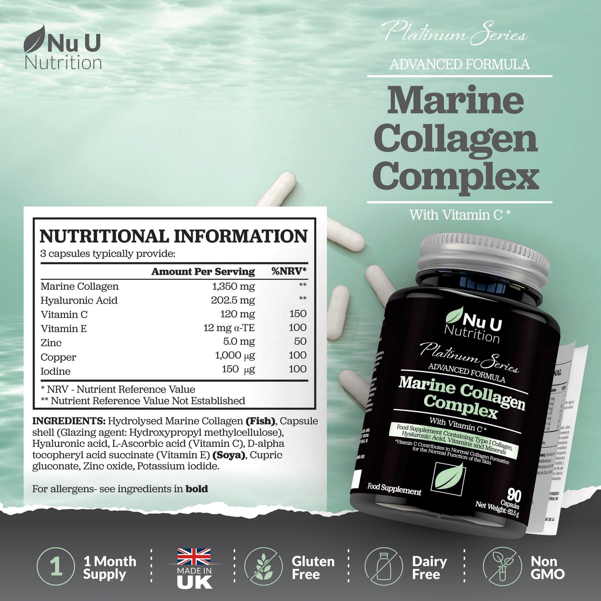 Marine Collagen with Hyaluronic Acid, Vitamin C - 90 Hydrolysed Capsules (not Tablets) - Premium High Strength Collagen Nu U Nutrition buy supplements canada