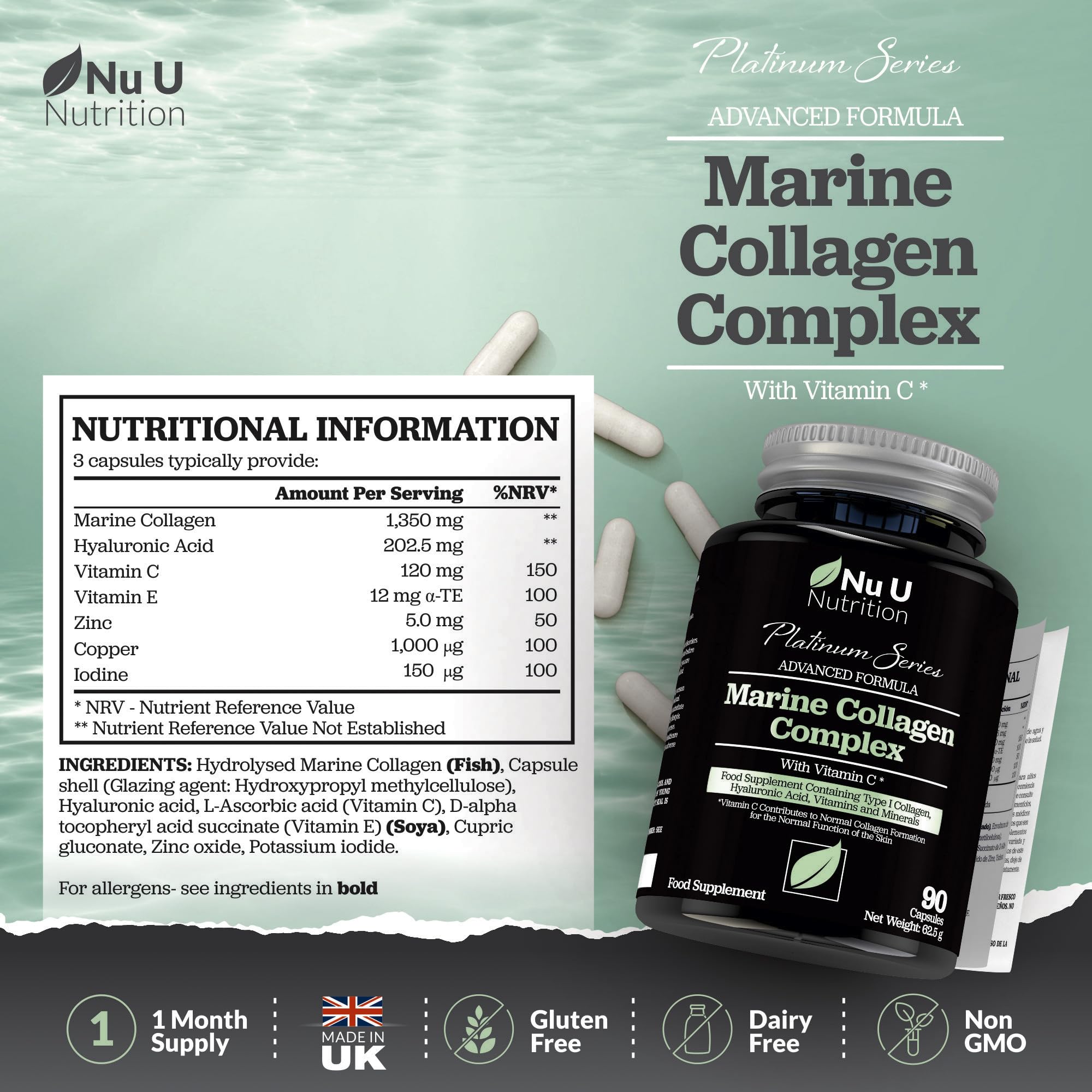 Marine Collagen with Hyaluronic Acid, Vitamin C - 90 Hydrolysed Capsules (not Tablets) - Premium High Strength Collagen Nu U Nutrition buy supplements canada