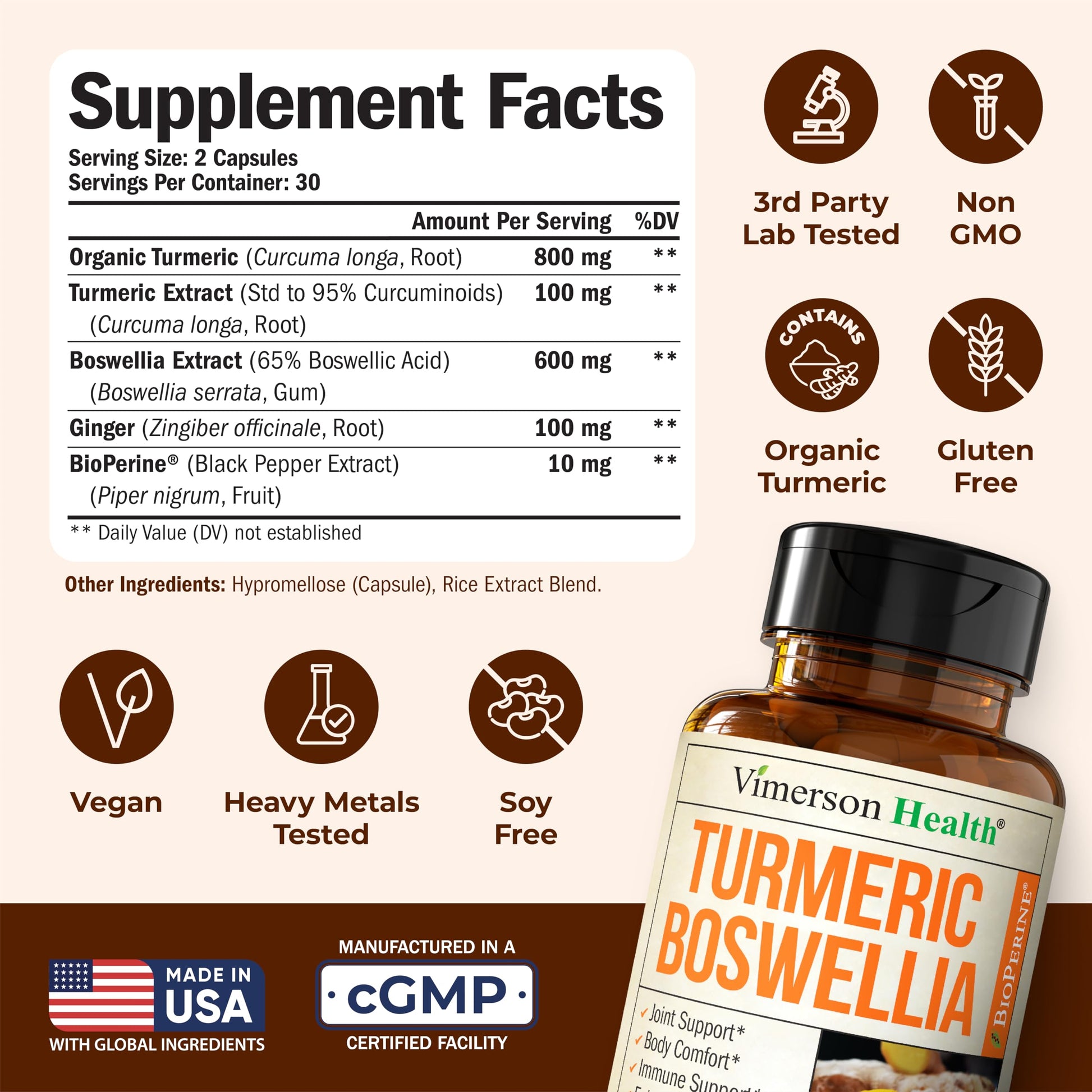 Turmeric Supplement w/Boswellia Serrata – Daily Support for Joint Health & Comfort – Organic Turmeric Curcumin Powder, Bioperine for Enhanced Absorption & Ginger Root – 60 Boswellia Extract Capsules Vimerson Health buy supplements canada