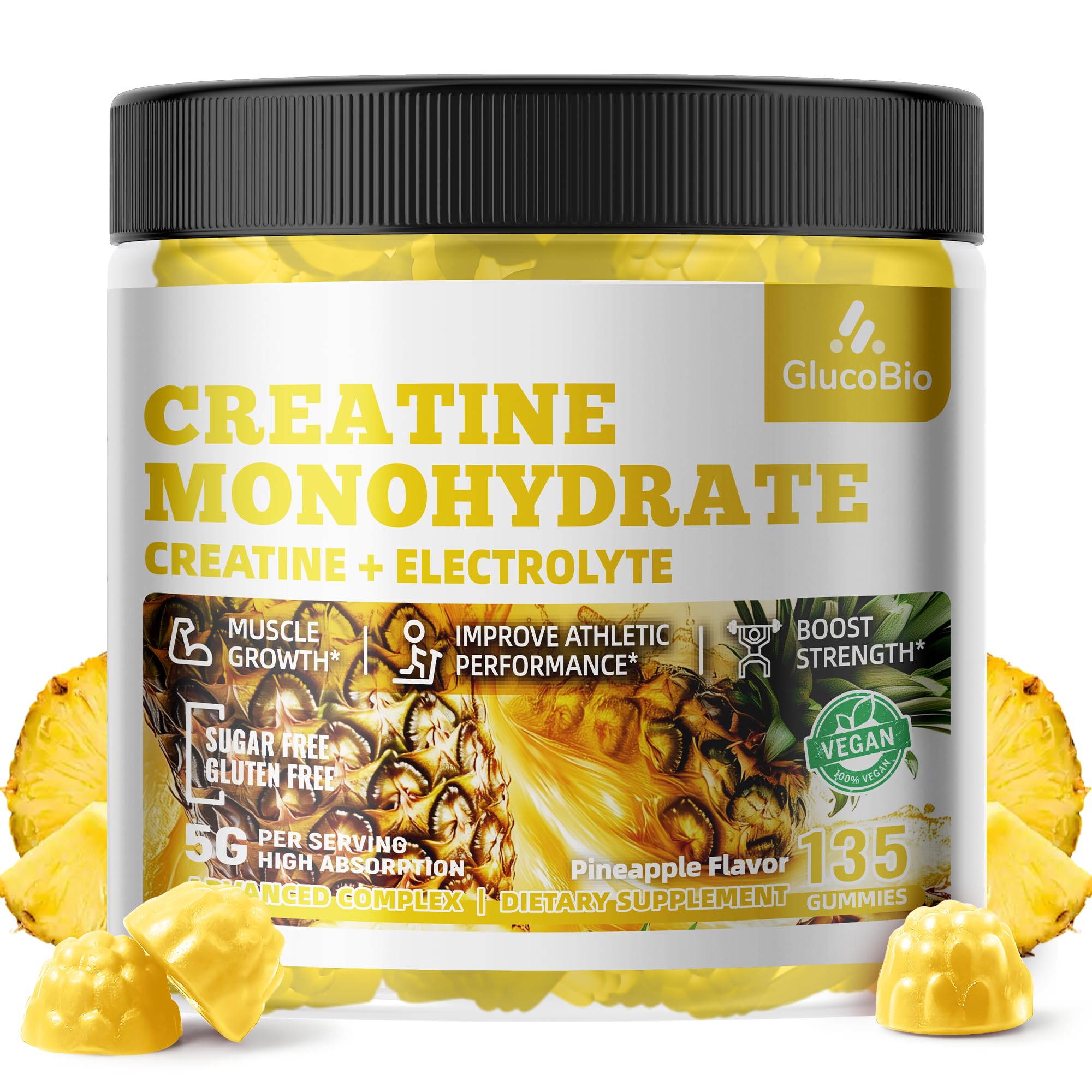 GlucoBio Creatine Monohydrate Gummies (5g) – Pre-Workout Energy & Muscle Growth Support for Men & Women | Pineapple Electrolyte Gummies (135 Count) GlucoBio buy supplements canada
