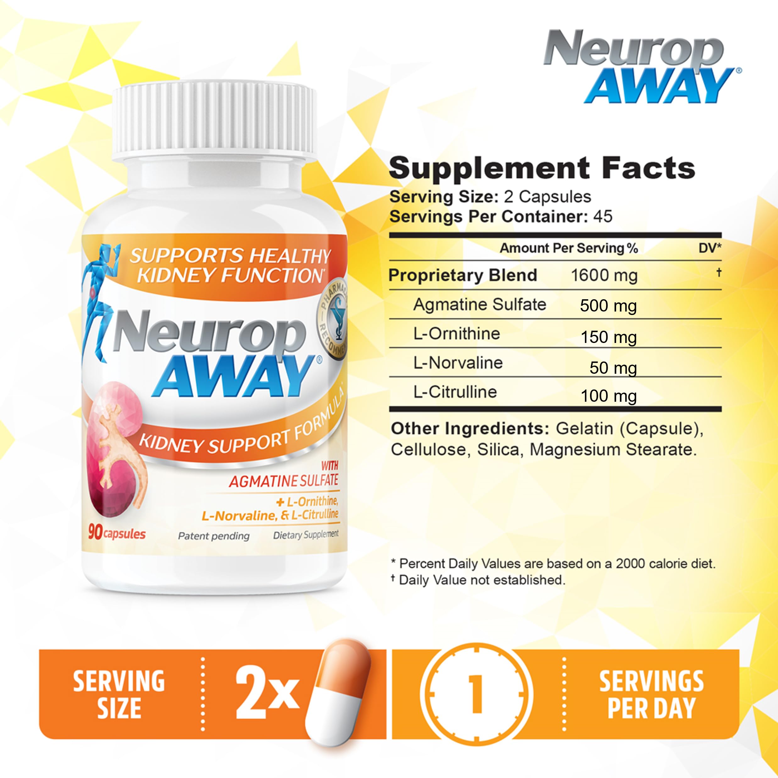NeuropAWAY Kidney Support Formula Sugar Free with Agmatine Sulfate 500mg L-Novaline 50mg L-Ornithine 150mg L-Citrulline 100mg Per Capsule 90CT Fast Acting Kidney Support NeuropAWAY buy supplements canada