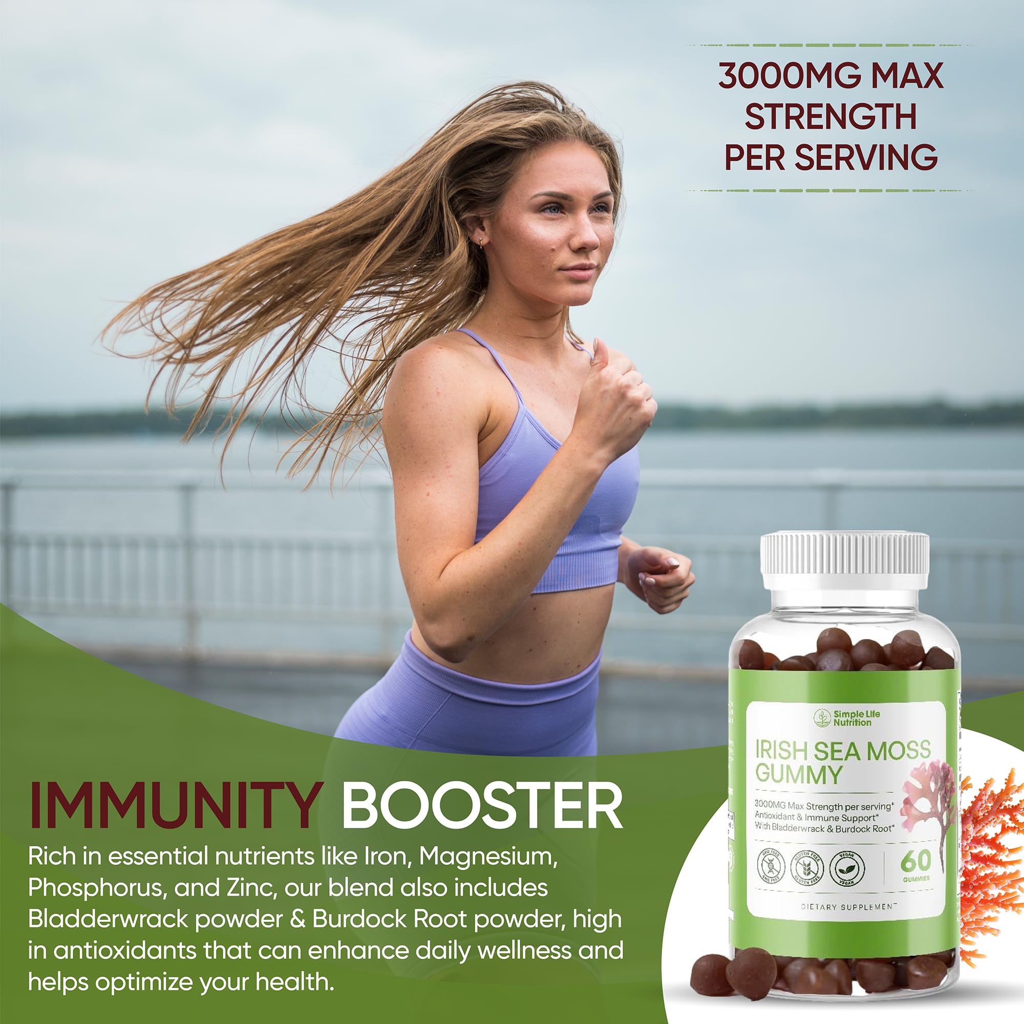 Simple Life Nutrition Organic Irish Sea Moss Gummies - Burdock Root and Bladderwrack Natural Blend - Immune System Gut Cleanse & Thyroid Supplement - Skin and Nail Health - 60CT Simple Life Nutrition buy supplements canada