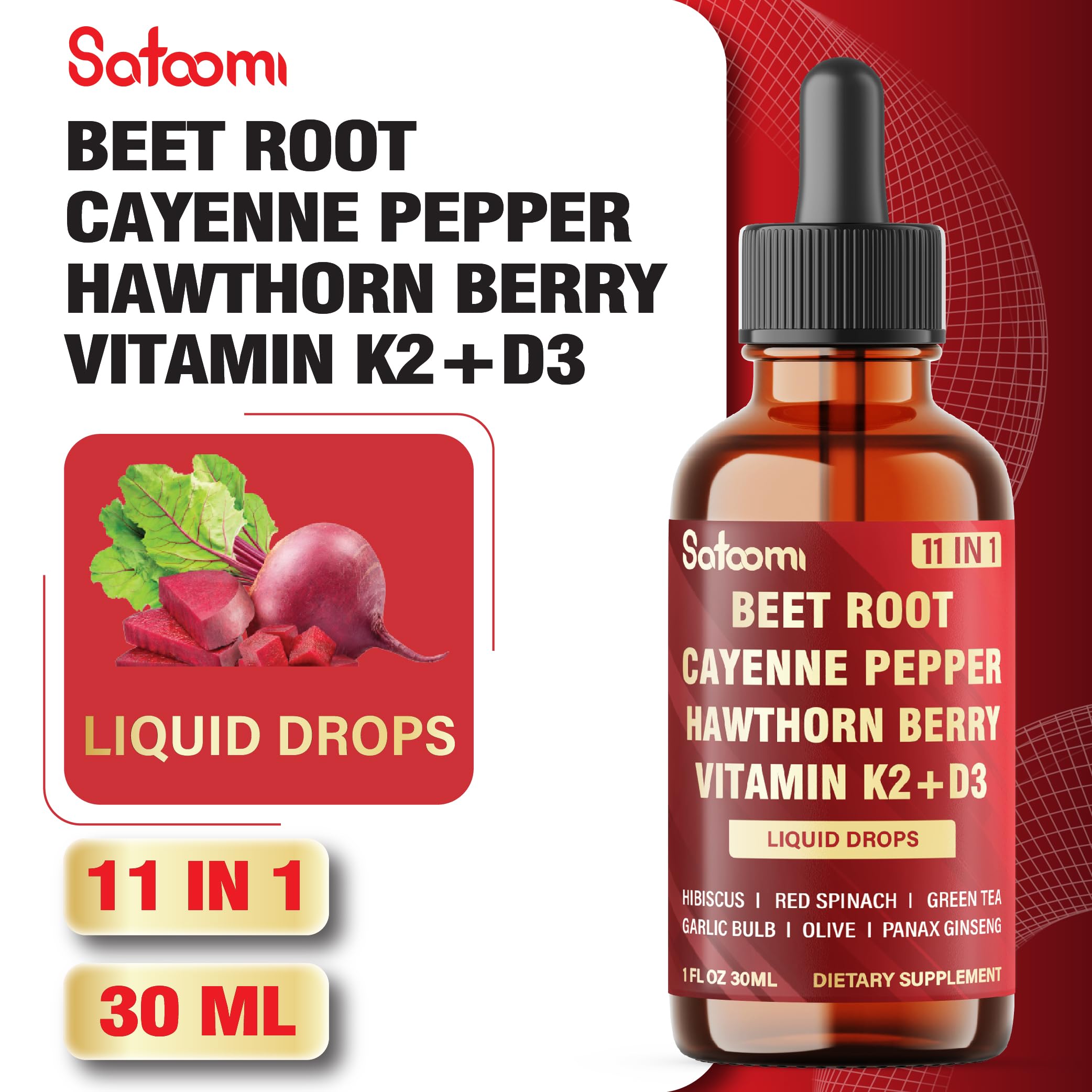 11in1 Beet Root Liquid Drops Supplement with Formula with D3, K2, Hawthorn, Red Spinach, Garlic & Green Tea and More - Supports Immune & Vitality - 1 FL Oz - for 60 Days Satoomi buy supplements canada