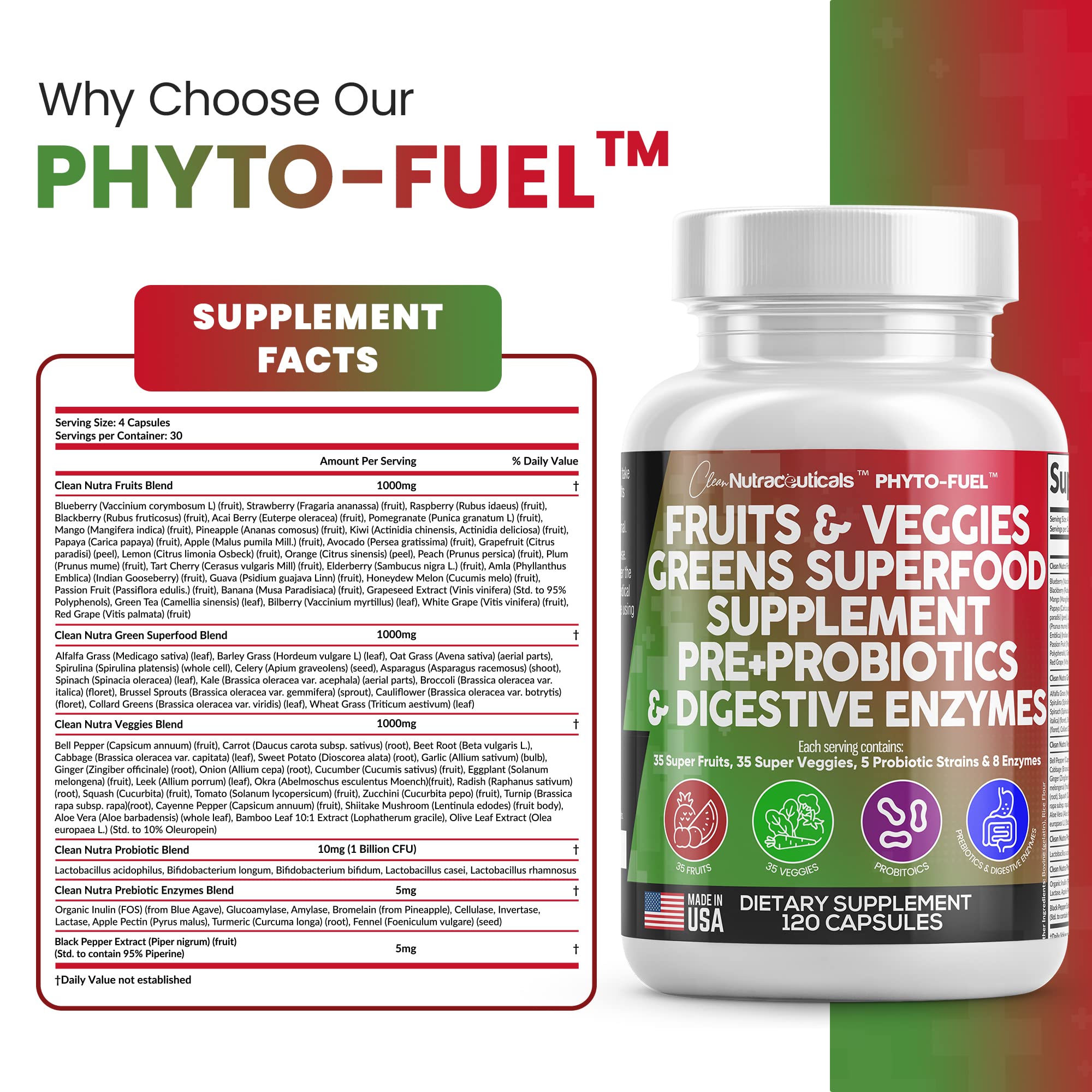Clean Nutraceuticals Fruits and Veggies Supplement Reds & Green Superfood - Balance of Over 70 Fruit & Vegetable Supplements Capsules with Probiotics Prebiotics Clean Nutraceuticals buy supplements canada