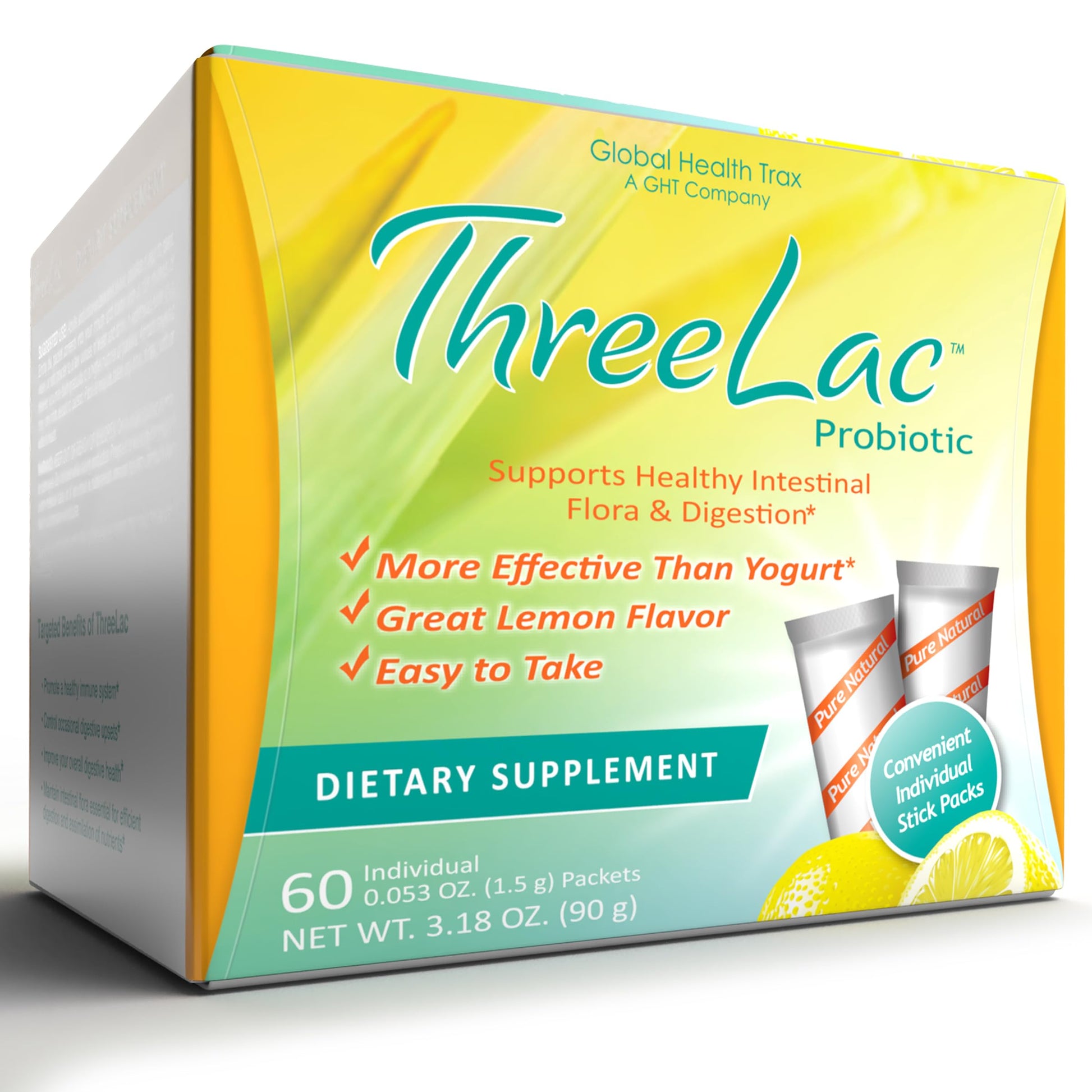 Global Health Trax GHT - ThreeLac Lemon Probiotic Drink Mix for Digestive Health - Advanced Probiotic Powder Formula for Men, Women & Kids - Immune Support & Gut Balance, Non-GMO - 60 Packets ght Global Health Trax buy supplements canada