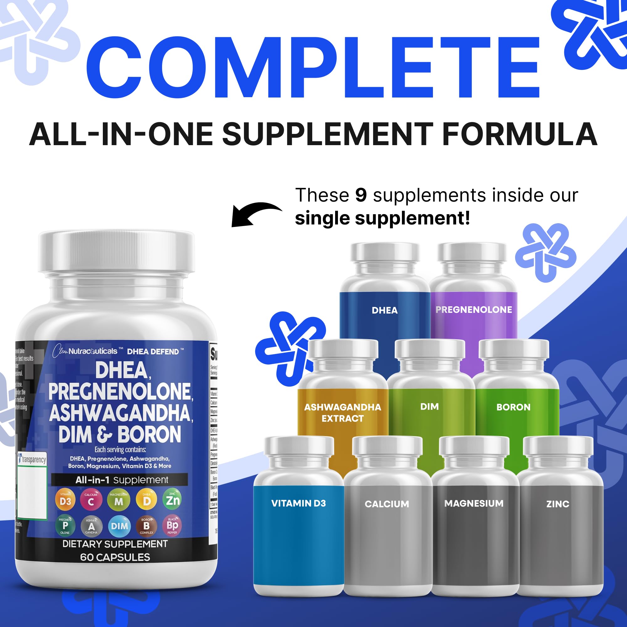 DHEA 200mg Supplement Pregnenolone 100mg for Men & Women with DIM Ashwagandha Boron 6mg Complex Calcium Magnesium Zinc 50mg Vitamin D3 5000 iu Hormone Support Capsules Pills - Made in USA 60 Ct Clean Nutraceuticals buy supplements canada