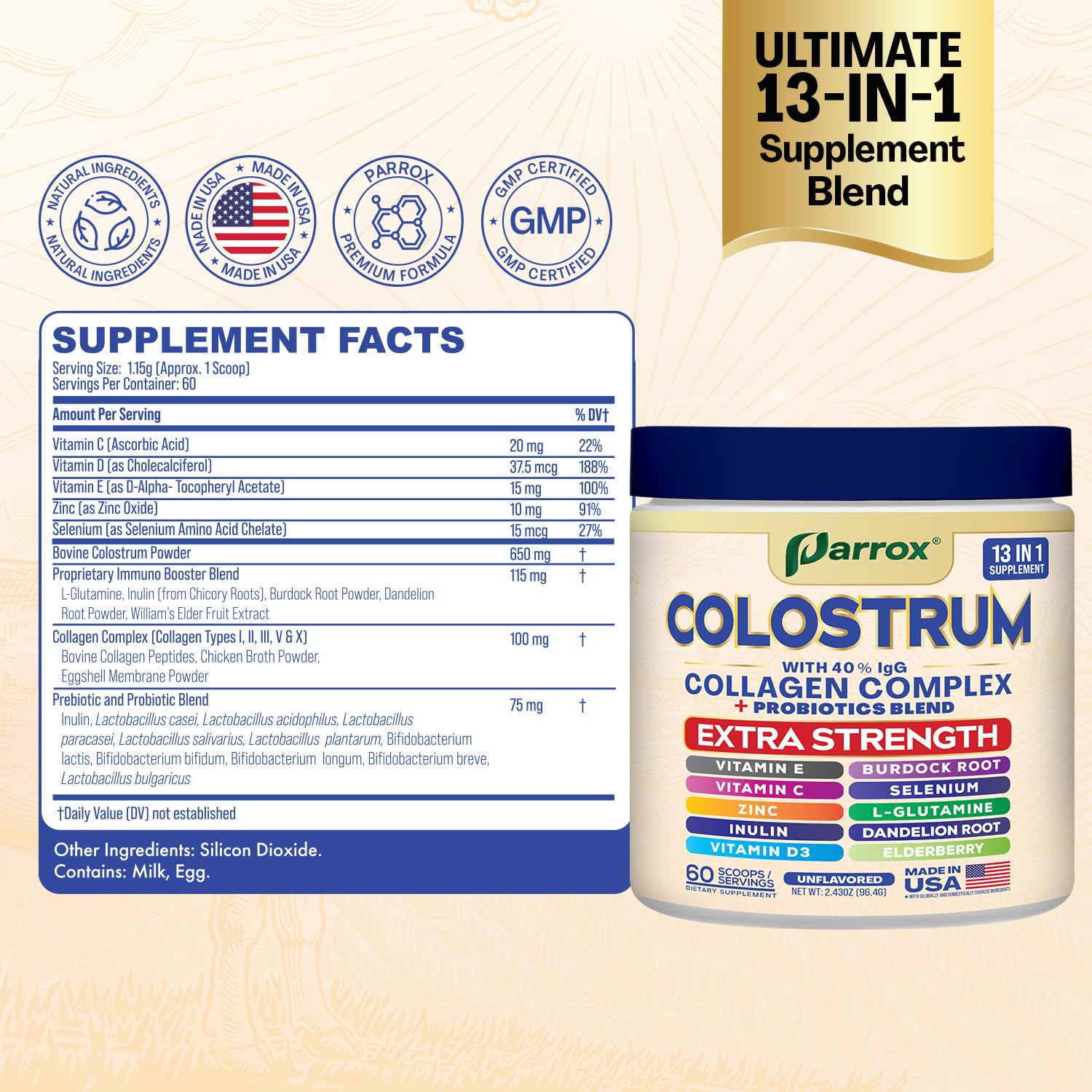 Parrox Colostrum Powder with 40% IgG, Collagen, Probiotics, Burdock Root, L-Glutamine, Elderberry, Vitamin C, Vitamin E, Vitamin D3, Inulin, Selenium, Dandelion Root, Zinc, 60 Servings (Unflavored) Parrox buy supplements canada