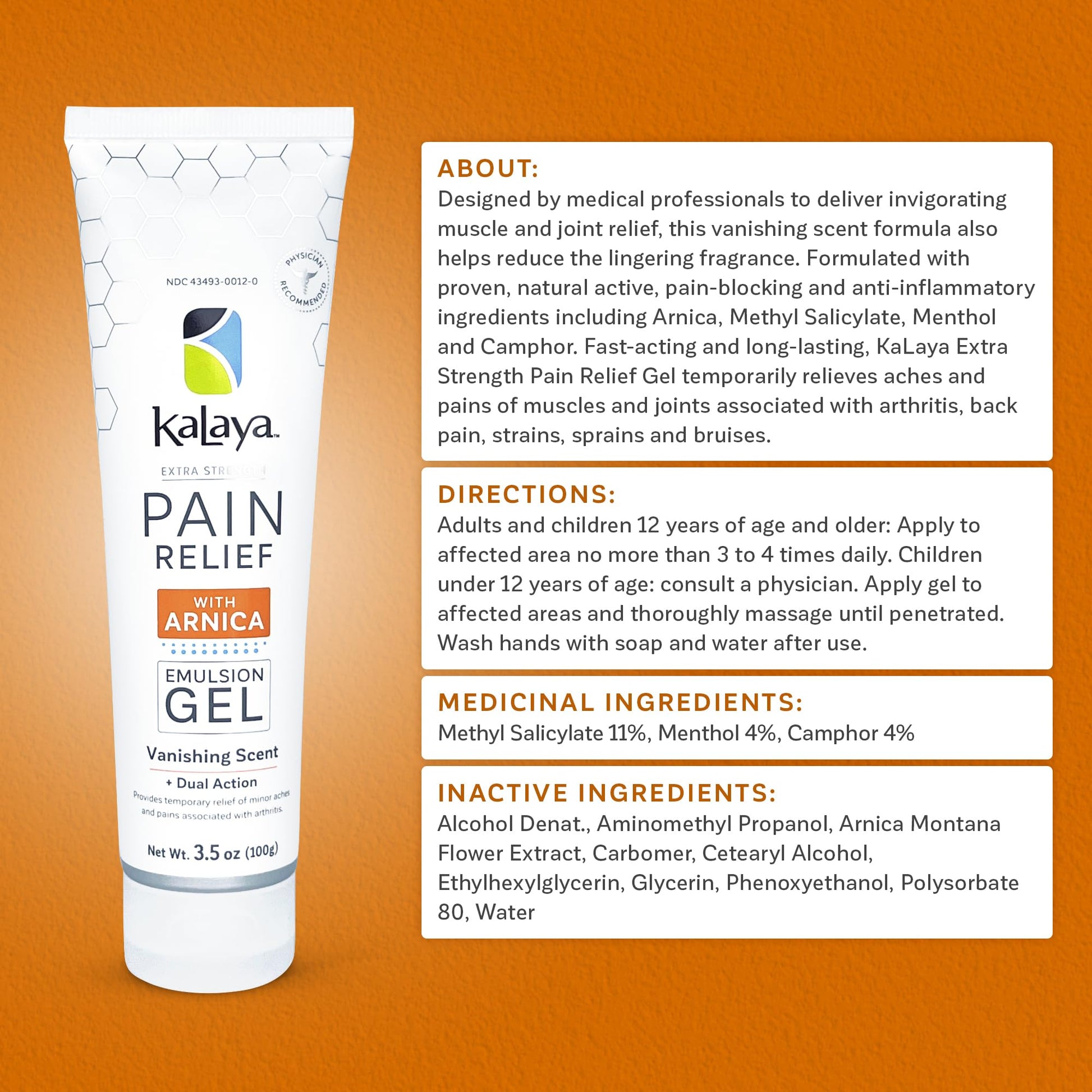 Kalaya Extra Strength Pain Relief Gel with Arnica -Fast Acting, Long Lasting, Vanishing Scent, medically formulated for Arthritis, Joints, Muscle, Back, Neck, Shoulder, Hand and Knee Pain Kalaya Naturals buy supplements canada