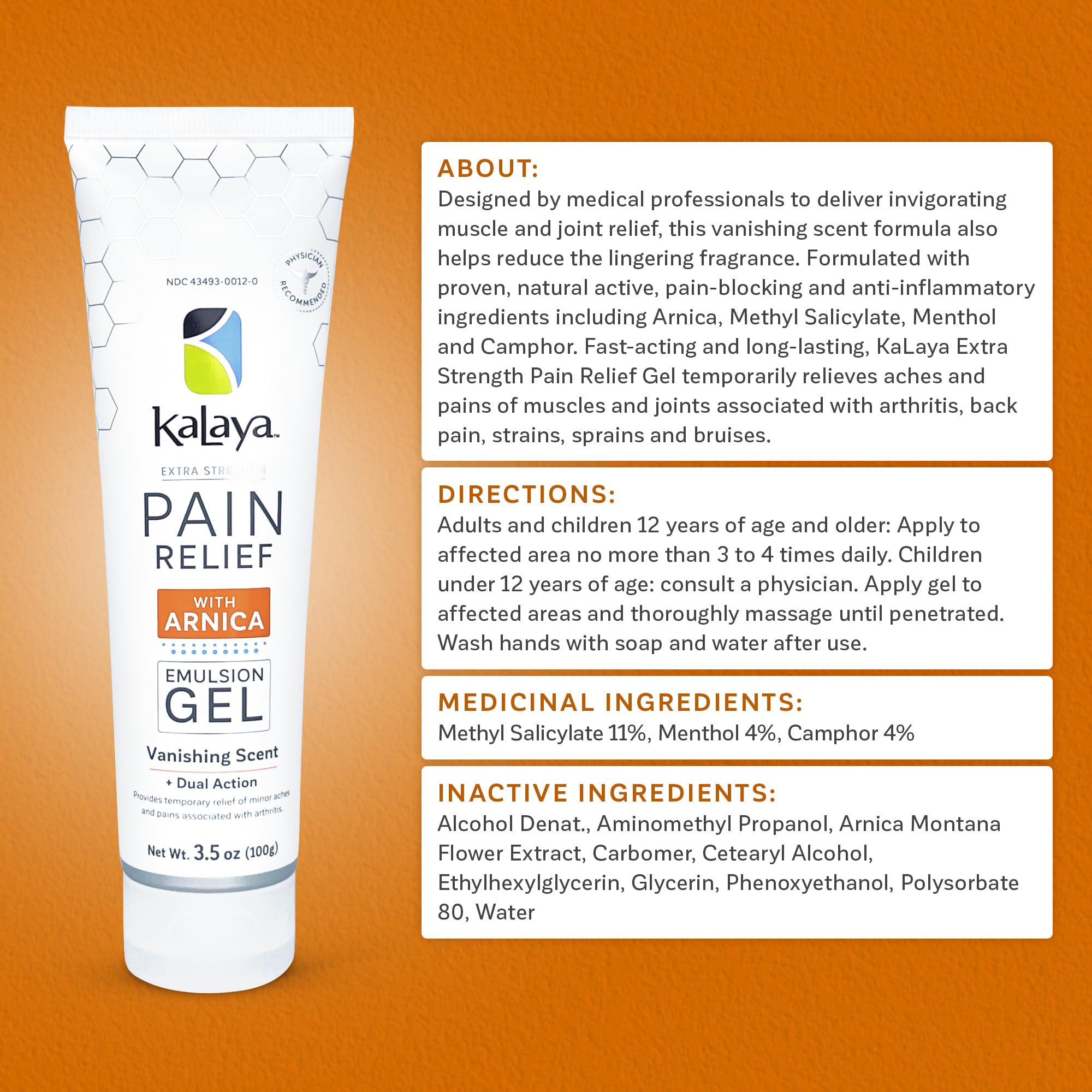 Kalaya Extra Strength Pain Relief Gel with Arnica -Fast Acting, Long Lasting, Vanishing Scent, medically formulated for Arthritis, Joints, Muscle, Back, Neck, Shoulder, Hand and Knee Pain Kalaya Naturals buy supplements canada