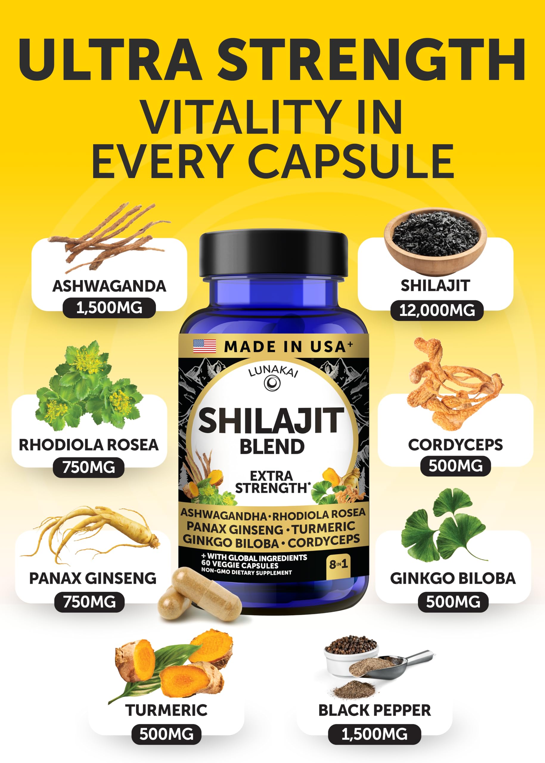 Lunakai USA Made Pure Shilajit Capsules with Ashwagandha, Rhodiola & Cordyceps - Extra Strength Shilajit Extract for Men & Women, 60ct Lunakai buy supplements canada