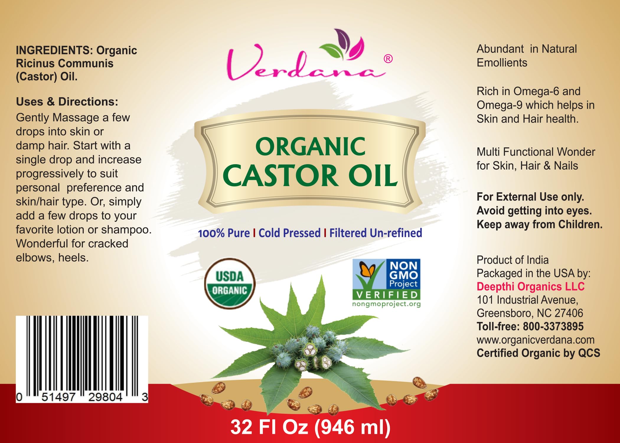 Verdana Organic Castor Oil – USDA Certified Organic – Cold Pressed, Unrefined, 100% Pure and Hexane Verdana buy supplements canada