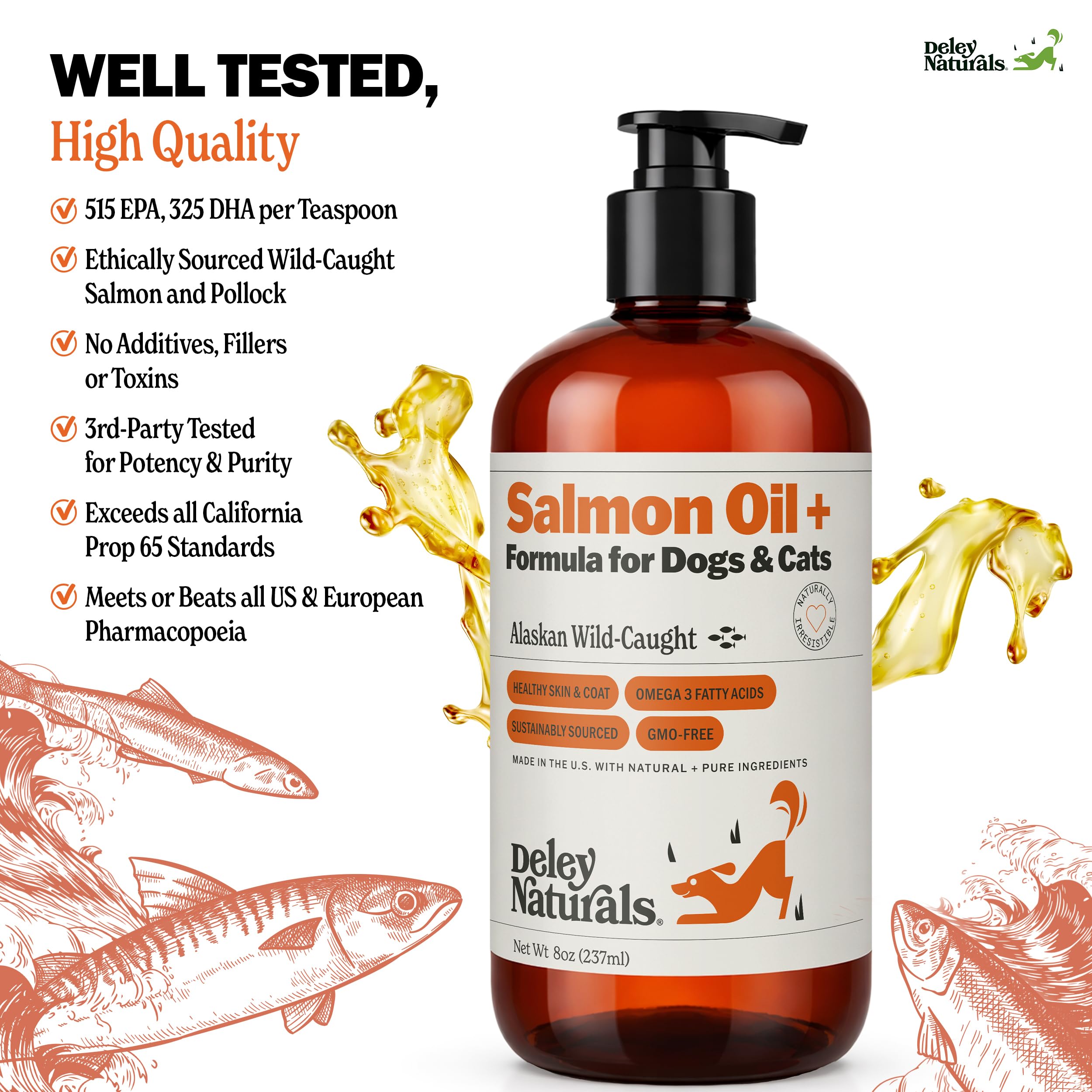 Deley Naturals Wild Alaskan Salmon Oil for Dogs & Cats - New and Improved Salmon Oil Plus Formula - Fish Oil for Dogs with Omega 3, DHA and EPA - Omega 3 for Healthy Skin and Coat - 8oz Made in USA Deley Naturals buy supplements canada