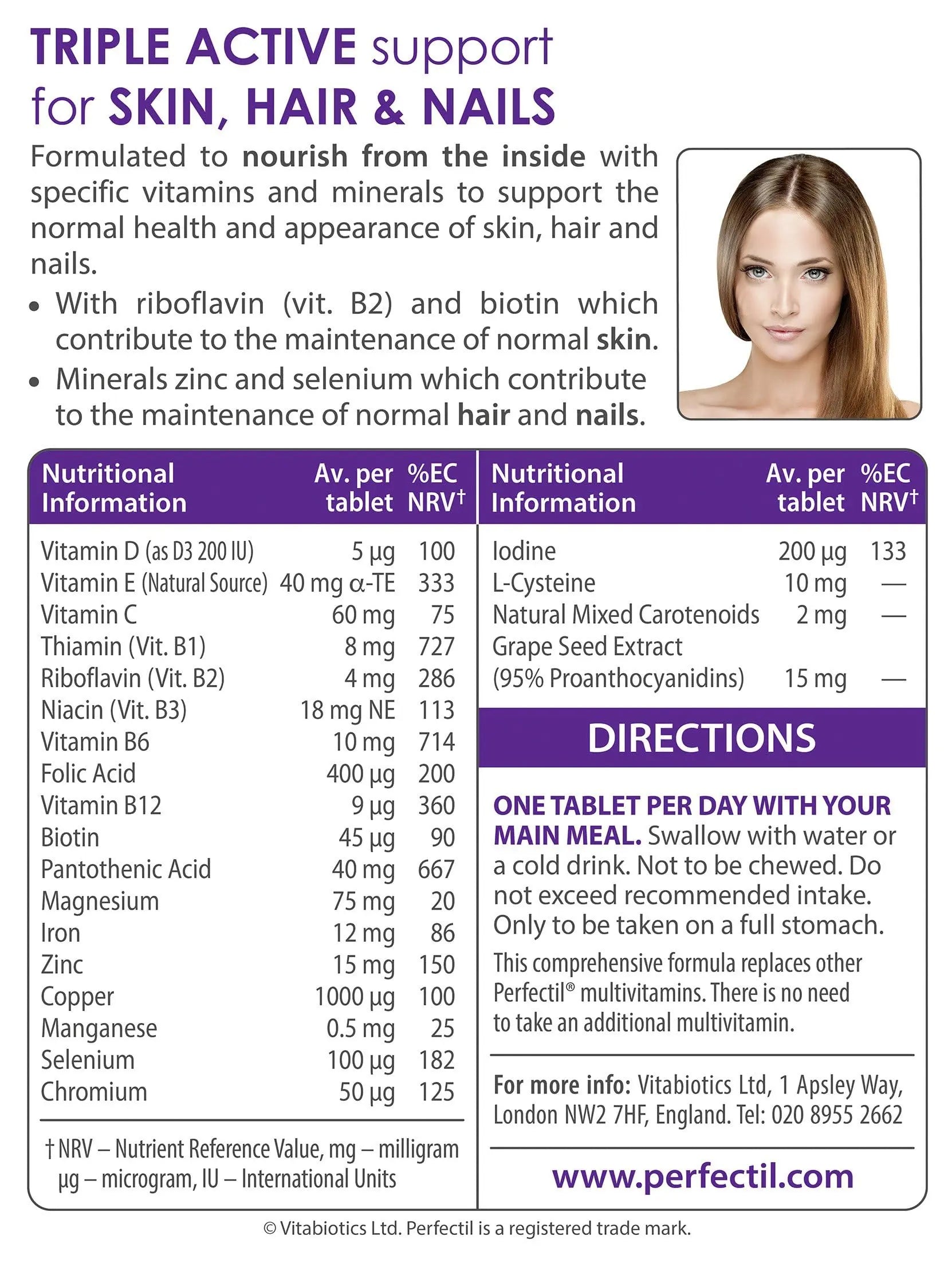 Vitabiotics, Perfectil Triple Active, Essential Nutrients to help maintain healthy Skin, Hair & Nails, 30-Count Boxes (Pack of 2) Perfectil buy supplements canada