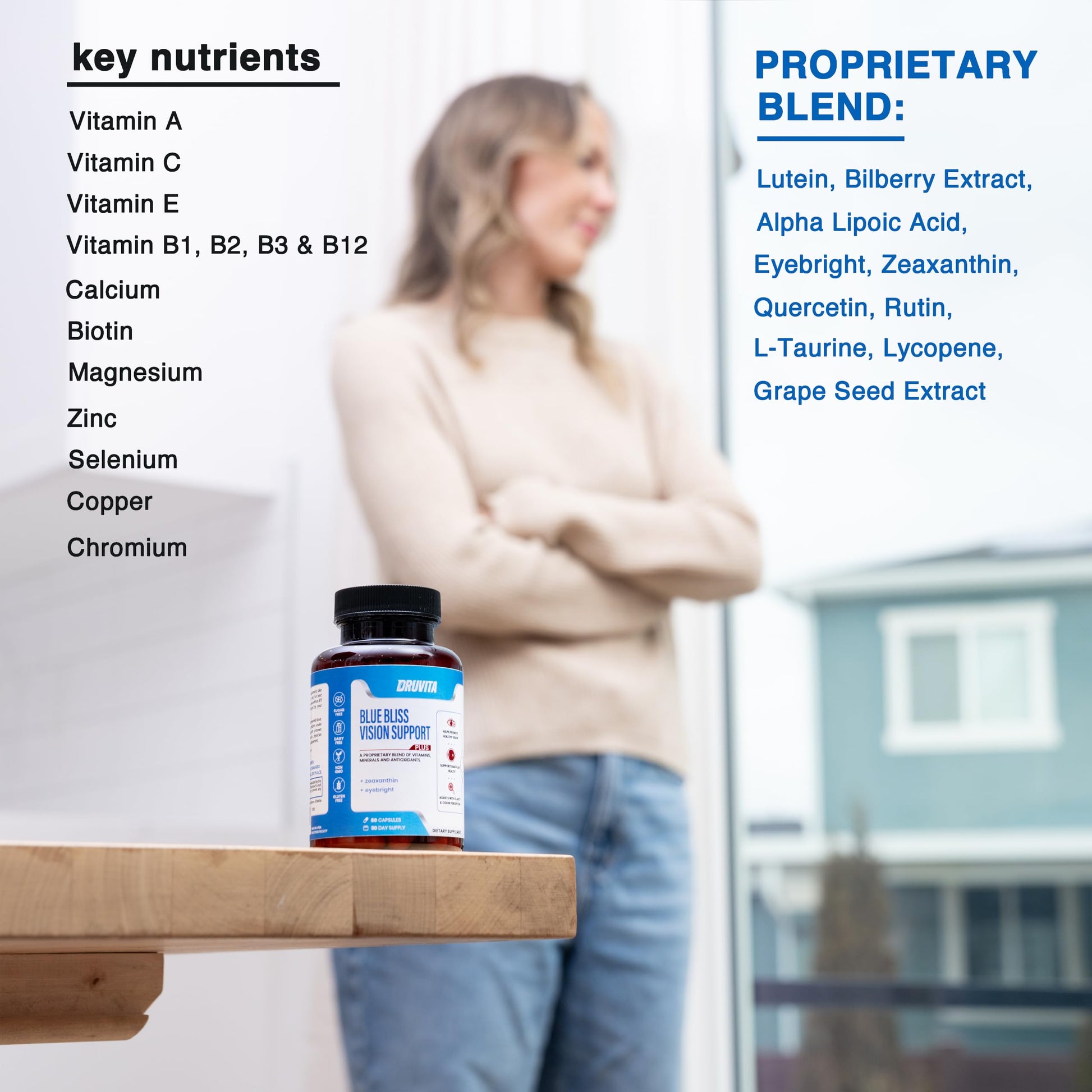 Blue Bliss Vision Support - Eye Vitamins with Lutein, Biotin, Bilberry and Zeaxanthin - Vitamin Supplement for Vision Health and Preservation for Adults Seniors 60 Veggie Capsules 30 Day Supply Druvita buy supplements canada