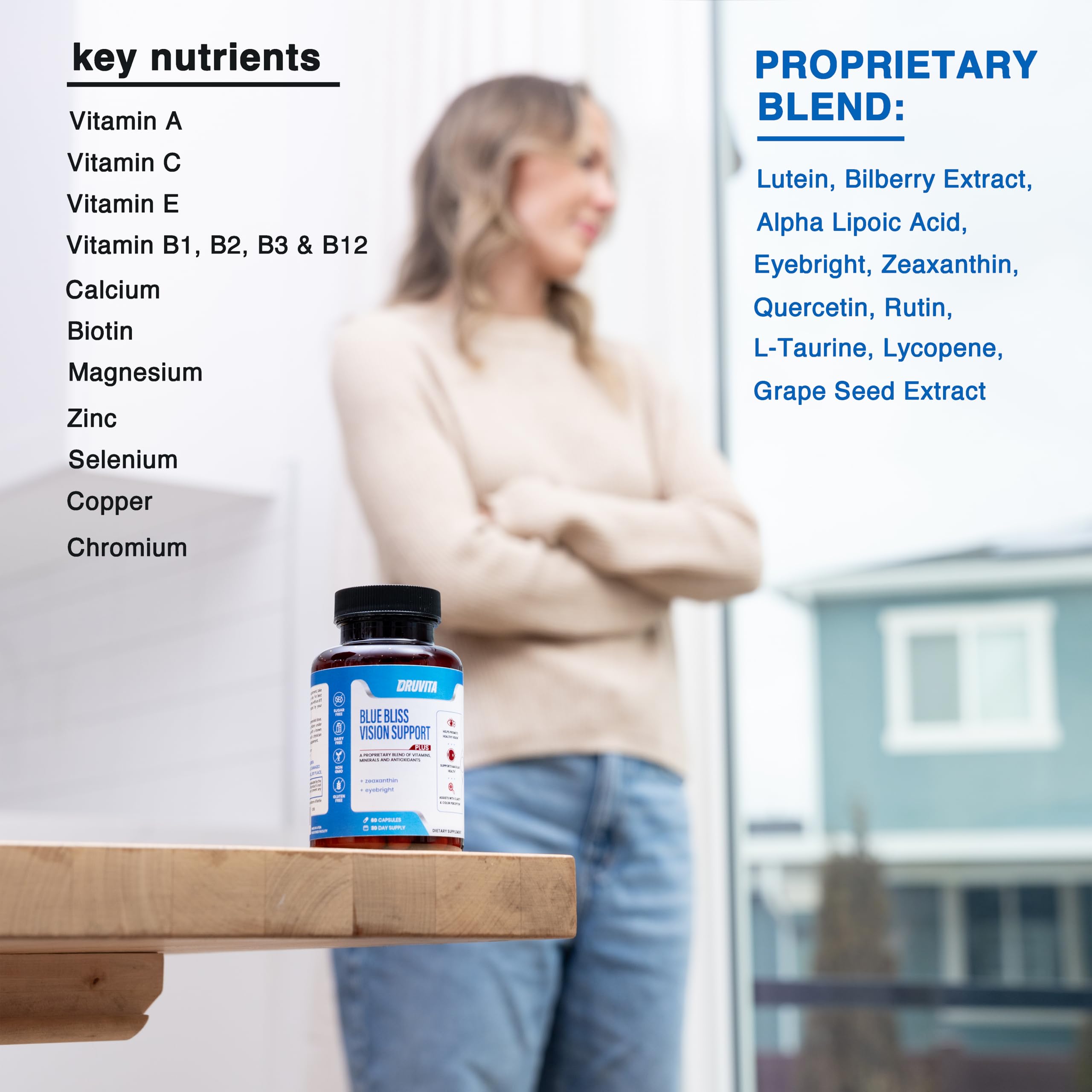 Blue Bliss Vision Support - Eye Vitamins with Lutein, Biotin, Bilberry and Zeaxanthin - Vitamin Supplement for Vision Health and Preservation for Adults Seniors 60 Veggie Capsules 30 Day Supply Druvita buy supplements canada