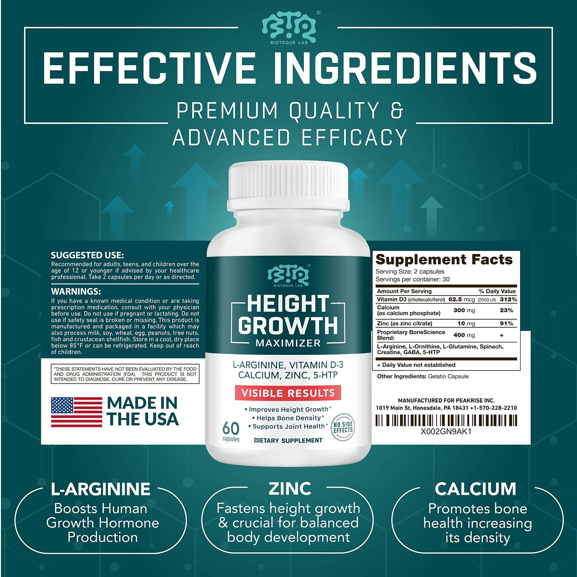 BIOTEQUELAB Height Growth Maximizer, Calcium, Vitamin D3 and Zinc Blend Pills, Bone Growth Supplement for Kids and Teens, Bone Strength, Density Support, GMO-Free, Gluten-Free, Made in USA, 60 Caps BTQ BIOTEQUE LAB buy supplements canada