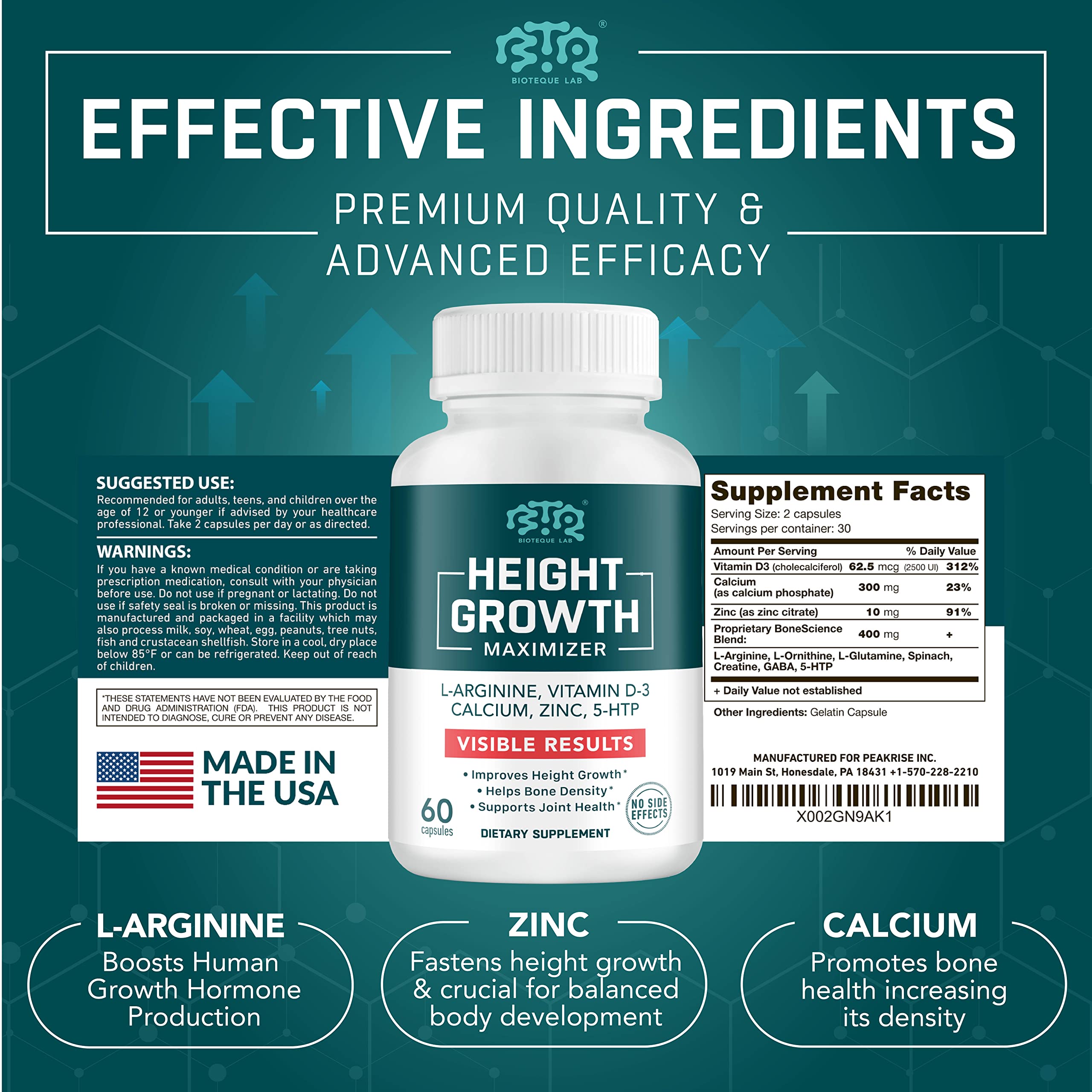 BIOTEQUELAB Height Growth Maximizer, Calcium, Vitamin D3 and Zinc Blend Pills, Bone Growth Supplement for Kids and Teens, Bone Strength, Density Support, GMO-Free, Gluten-Free, Made in USA, 60 Caps BTQ BIOTEQUE LAB buy supplements canada