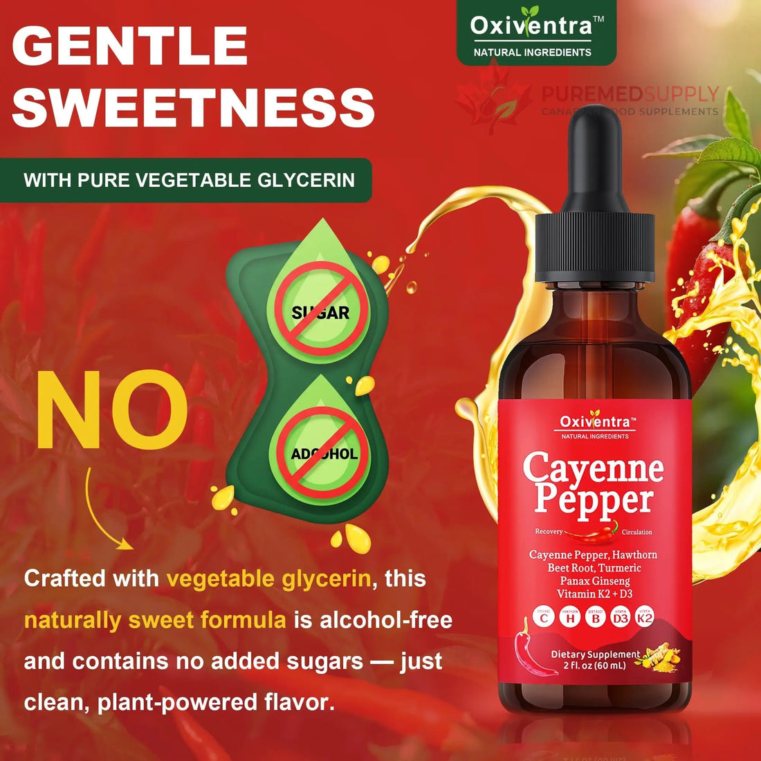 Cayenne Pepper Drops Liquid Supplement Smooth & Sweet Herbal Liquid + Hawthorn Berry, Vitamin D3 K2 Beet Root Powder, Ceylon Cinnamon, Turmeric Curcumin, Organic Panax Ginseng - 2fl oz Oxiventra buy supplements canada