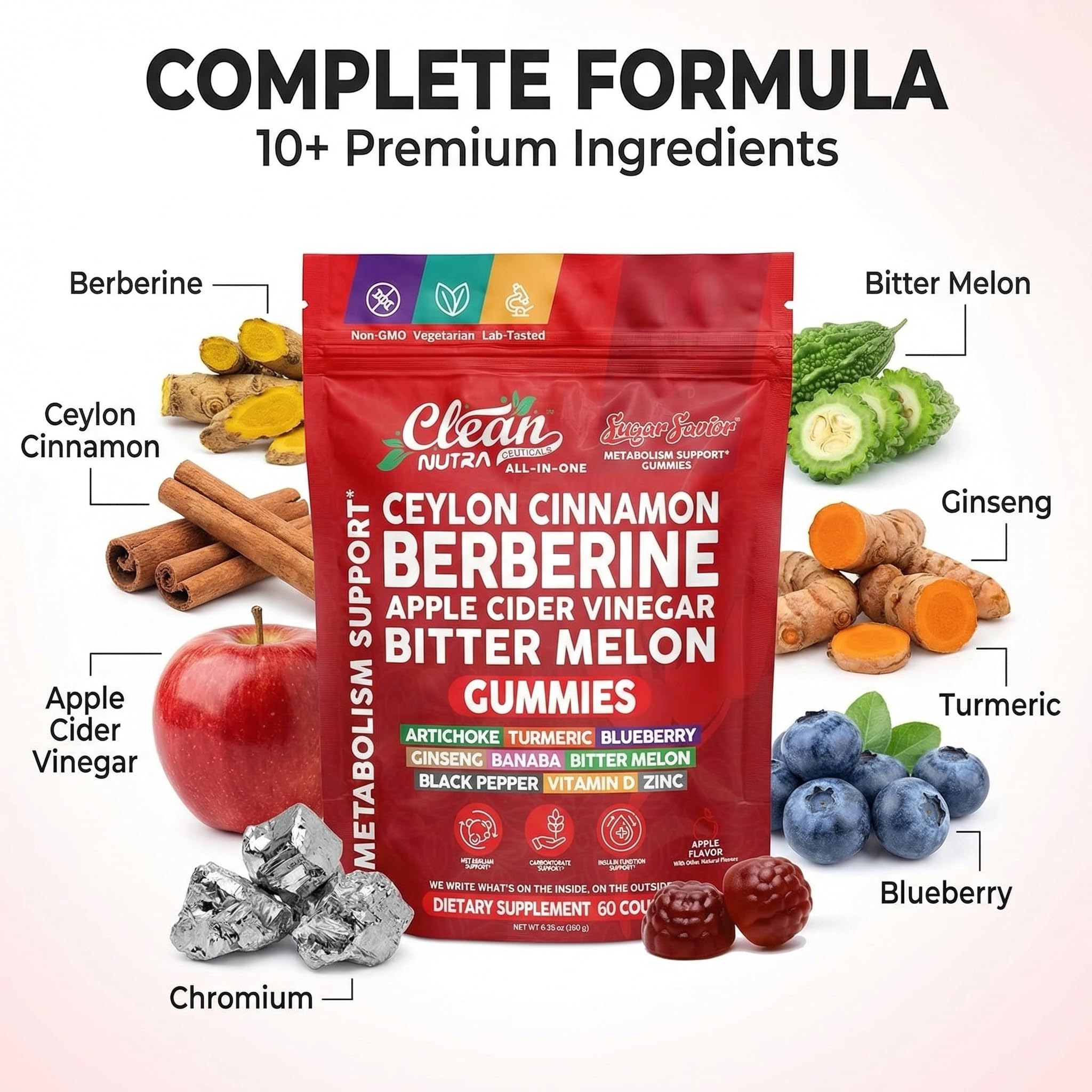 Sugar Savior Ceylon Cinnamon Berberine Gummies Apple Cider Vinegar Artichoke Turmeric Blueberry Ginseng Banaba Bitter Melon Black Pepper Vitamin D Zinc GLP1 Gummies 60 Count by Clean Nutra Clean Nutraceuticals buy supplements canada