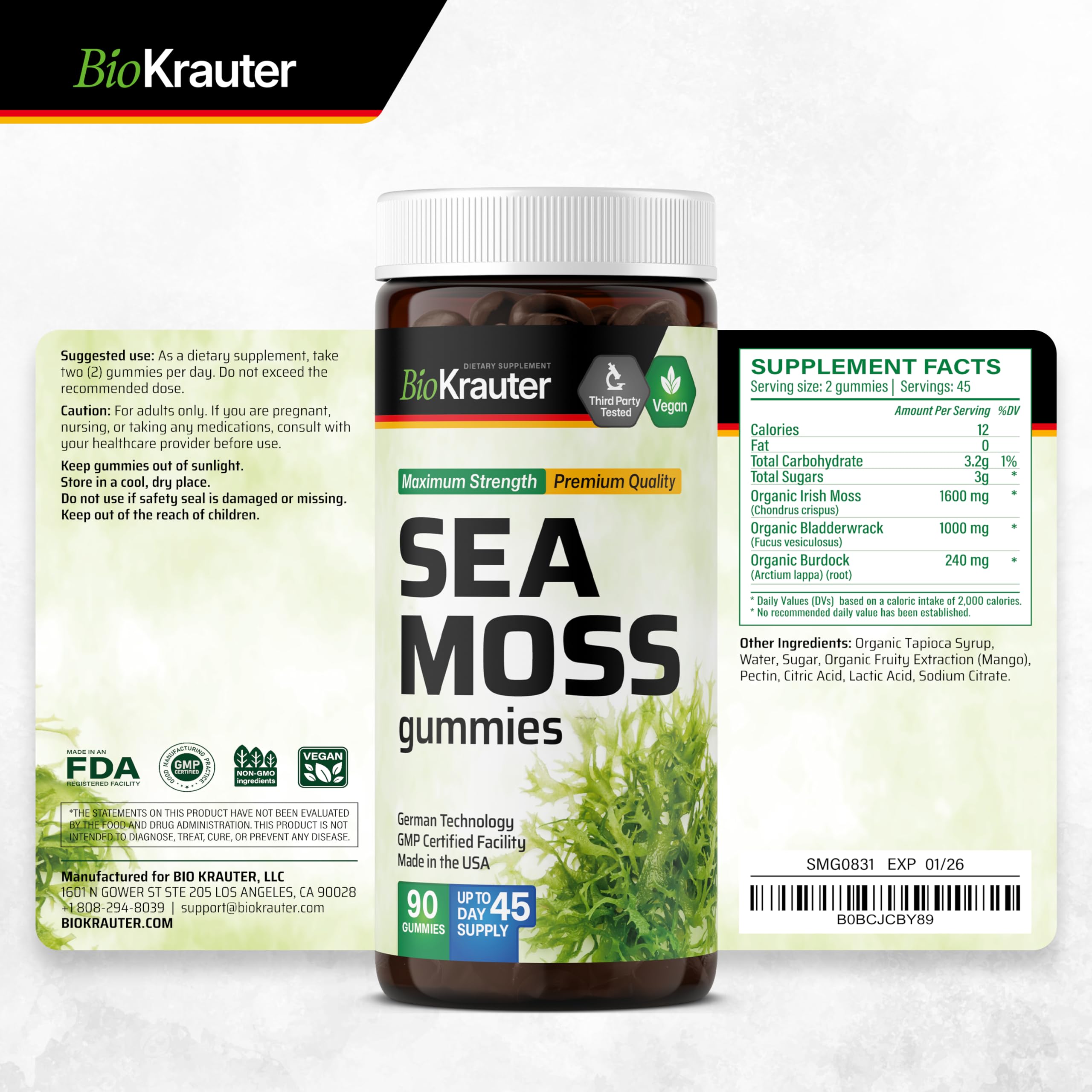 BIO KRAUTER® 3-in-1 Sea Moss for Thyroid Support - Vegan Sea Moss Gummies with Bladderwrack & Burdock Root for Women & Men - 90 Gummies Chondrus Crispus Formula, 45 Days of Supply, Mango Flavor BIO KRAUTER buy supplements canada