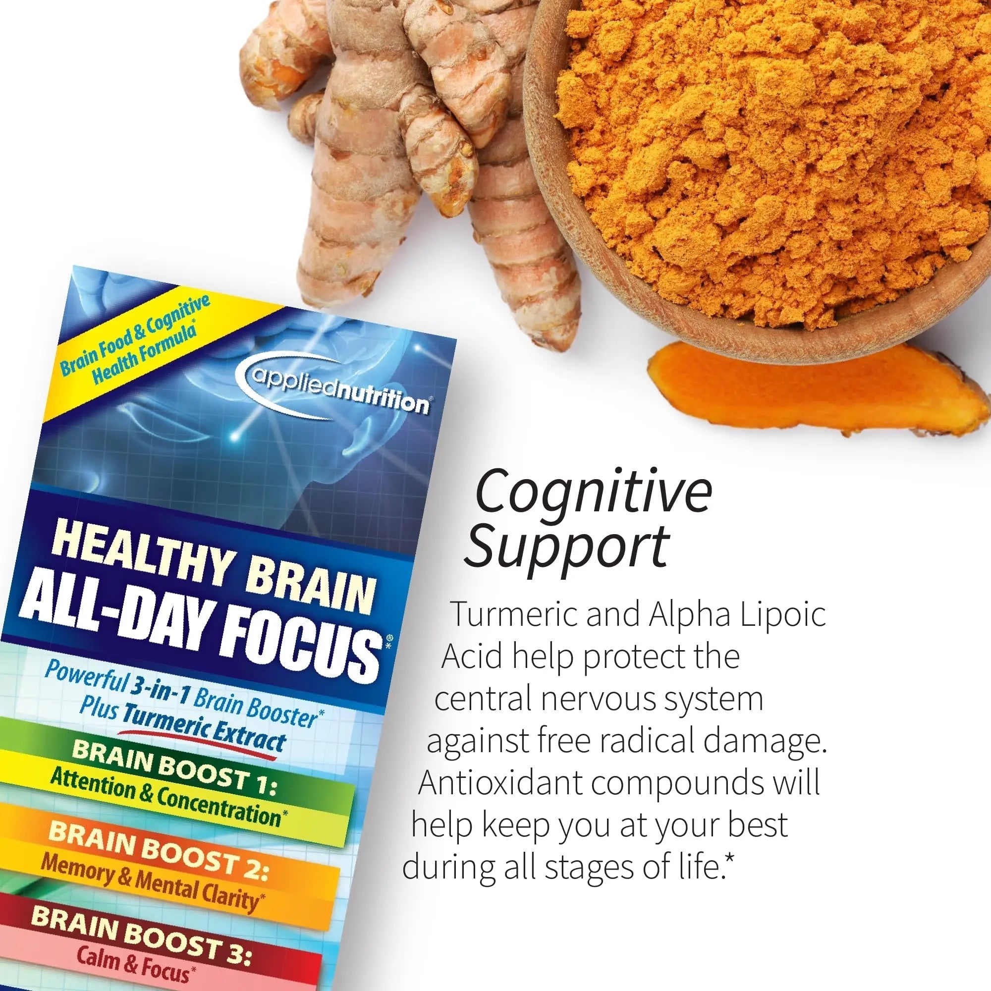 Applied Nutrition Healthy Brain All-Day Focus - 50 Tablets - Powerful 3-in-1 Brain Booster with Turmeric Extract - 25 Servings Applied Nutrition buy supplements canada