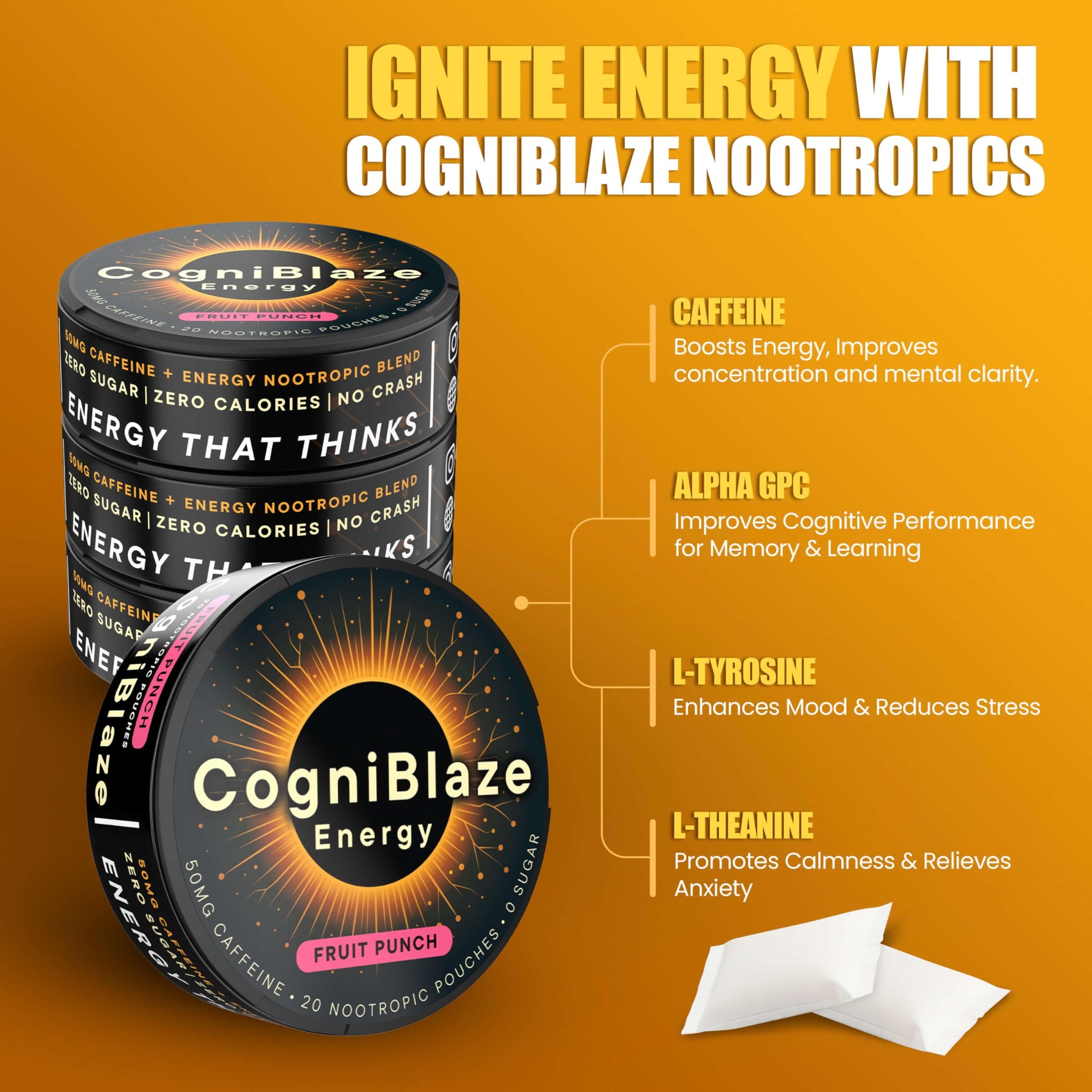 CogniBlaze Caffeine Pouches (Fruit Punch) | Nootropic Energy Pouches with 50mg Caffeine, Alpha GPC, L-Tyrosine & L-Theanine | Zero Sugar | No Artificial Sweeteners | 4 Pack (80 Total) CogniBlaze buy supplements canada