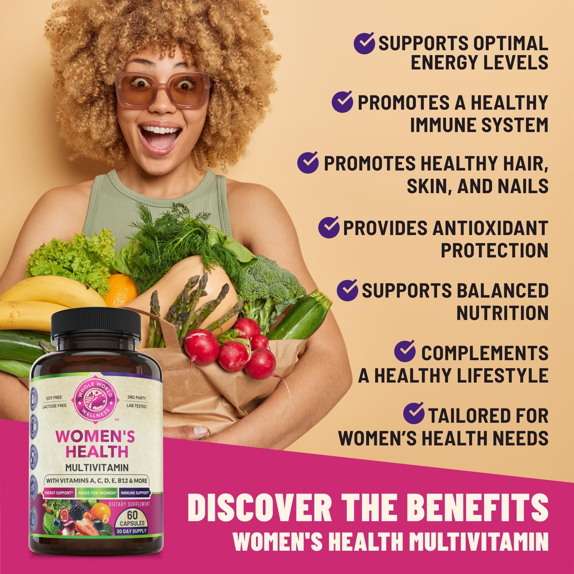 WHOLE WORLD WELLNESS Womens Daily Multivitamin Multimineral Supplement for Energy, Mood, Focus, Hair, Skin & Nails. Made for Women with 30+ Nutrients, Fruit & Energy Blend. Womens Vitamins, USA Made. WHOLE WORLD WELLNESS buy supplements canada