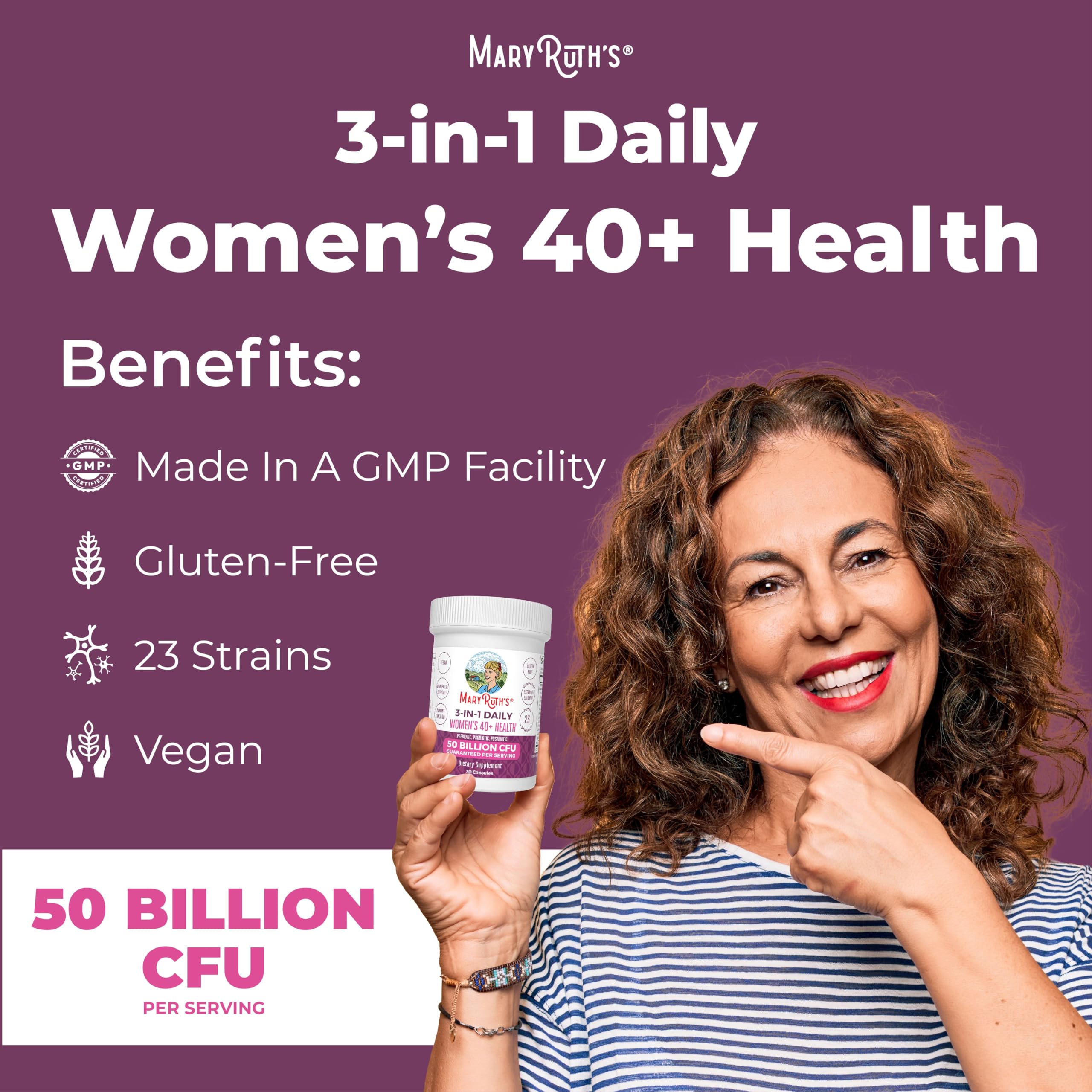 MaryRuth's 3-in-1 Daily Health 40+ Probiotics for Women | Hormonal & Menopause Support Supplement for Women | Gut Health Capsules | 50 Billion CFU | Allergen Free | 30 Ct MARYRUTH'S buy supplements canada