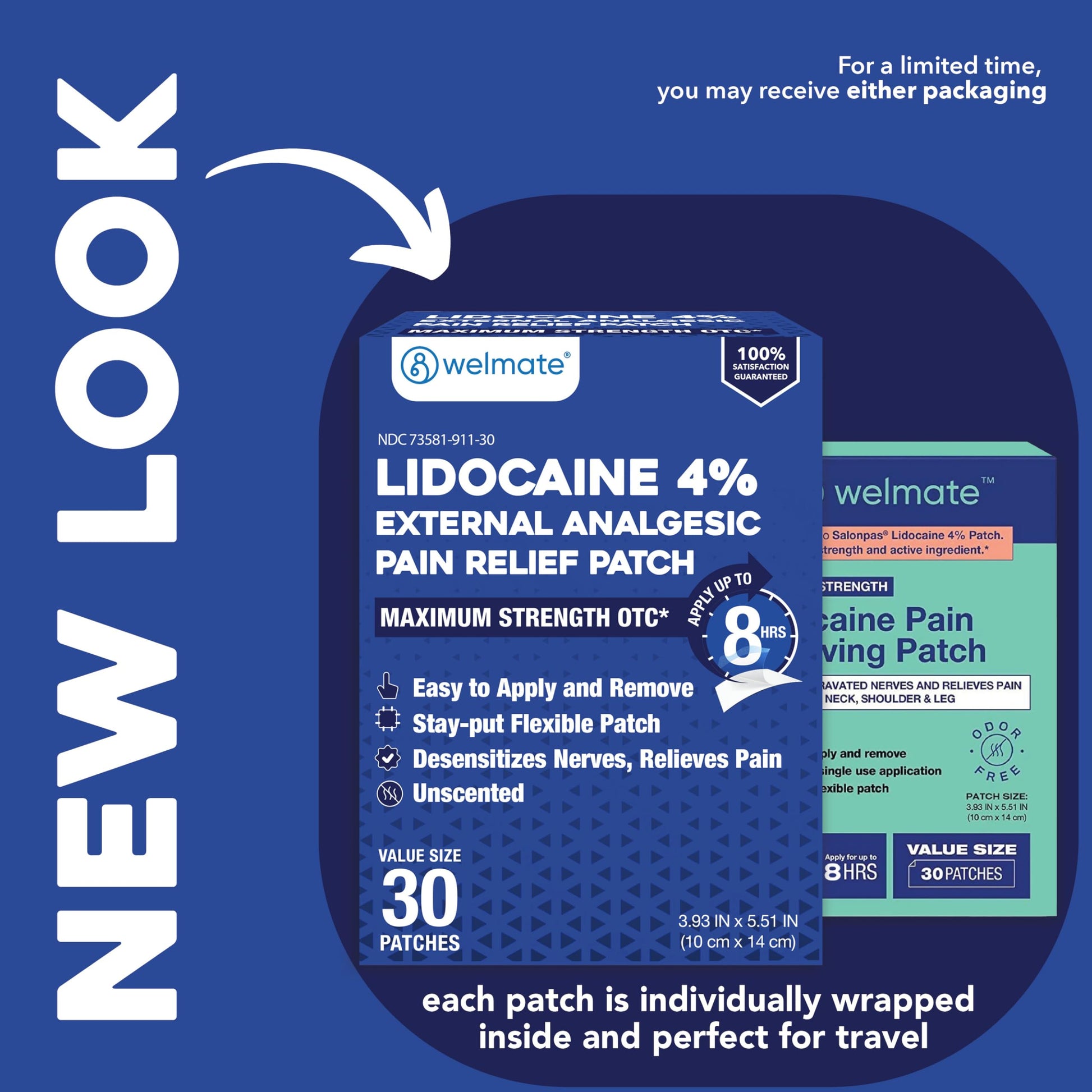 WELMATE - 4% Lidocaine Numbing Patch - Maximum Strength - Temporary Relief of Pain, Back, Neck, Shoulders, Knees, Elbows, Minor Skin Irritations - Topical Analgesic Unscented - 30 ct WELMATE buy supplements canada