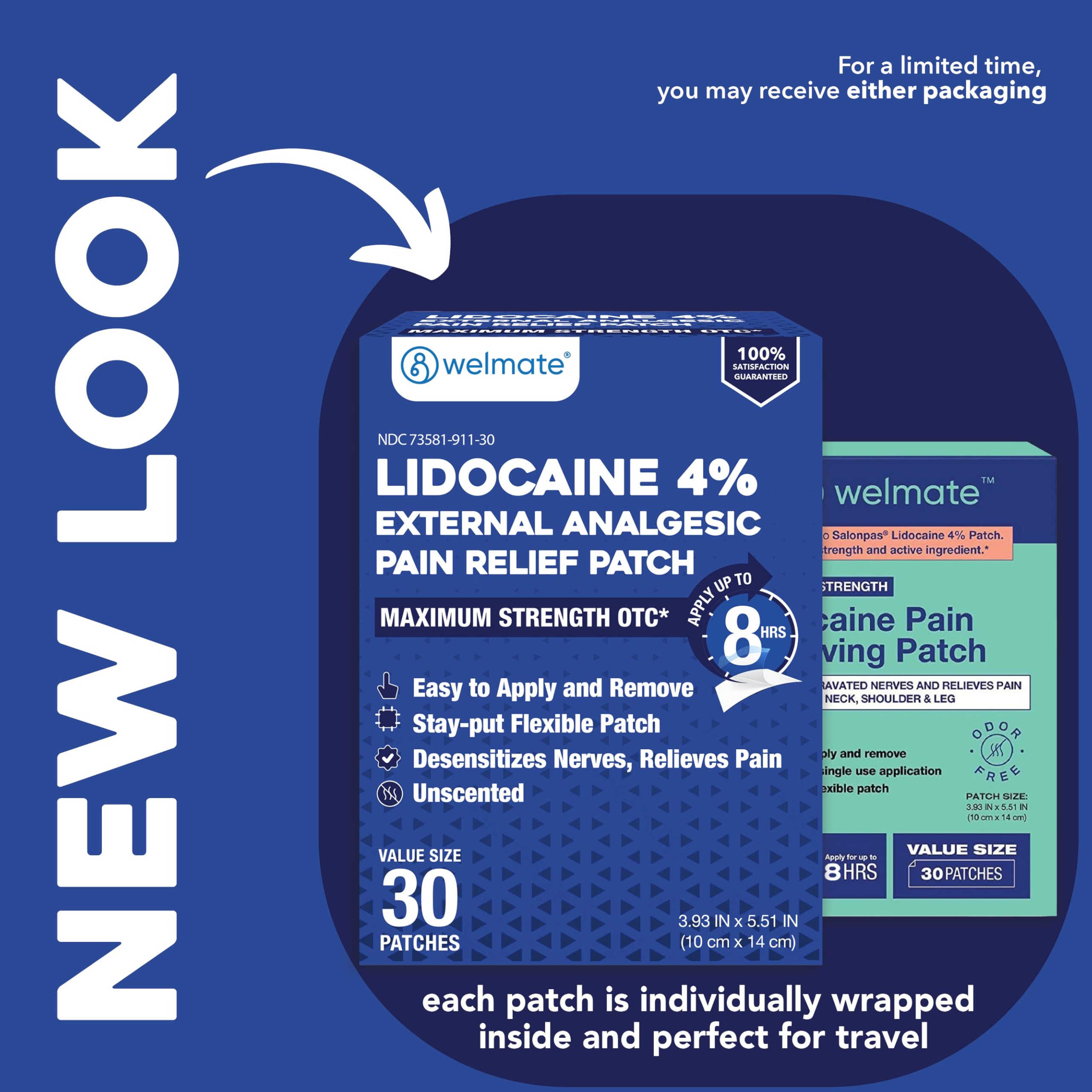 WELMATE - 4% Lidocaine Numbing Patch - Maximum Strength - Temporary Relief of Pain, Back, Neck, Shoulders, Knees, Elbows, Minor Skin Irritations - Topical Analgesic Unscented - 30 ct WELMATE buy supplements canada
