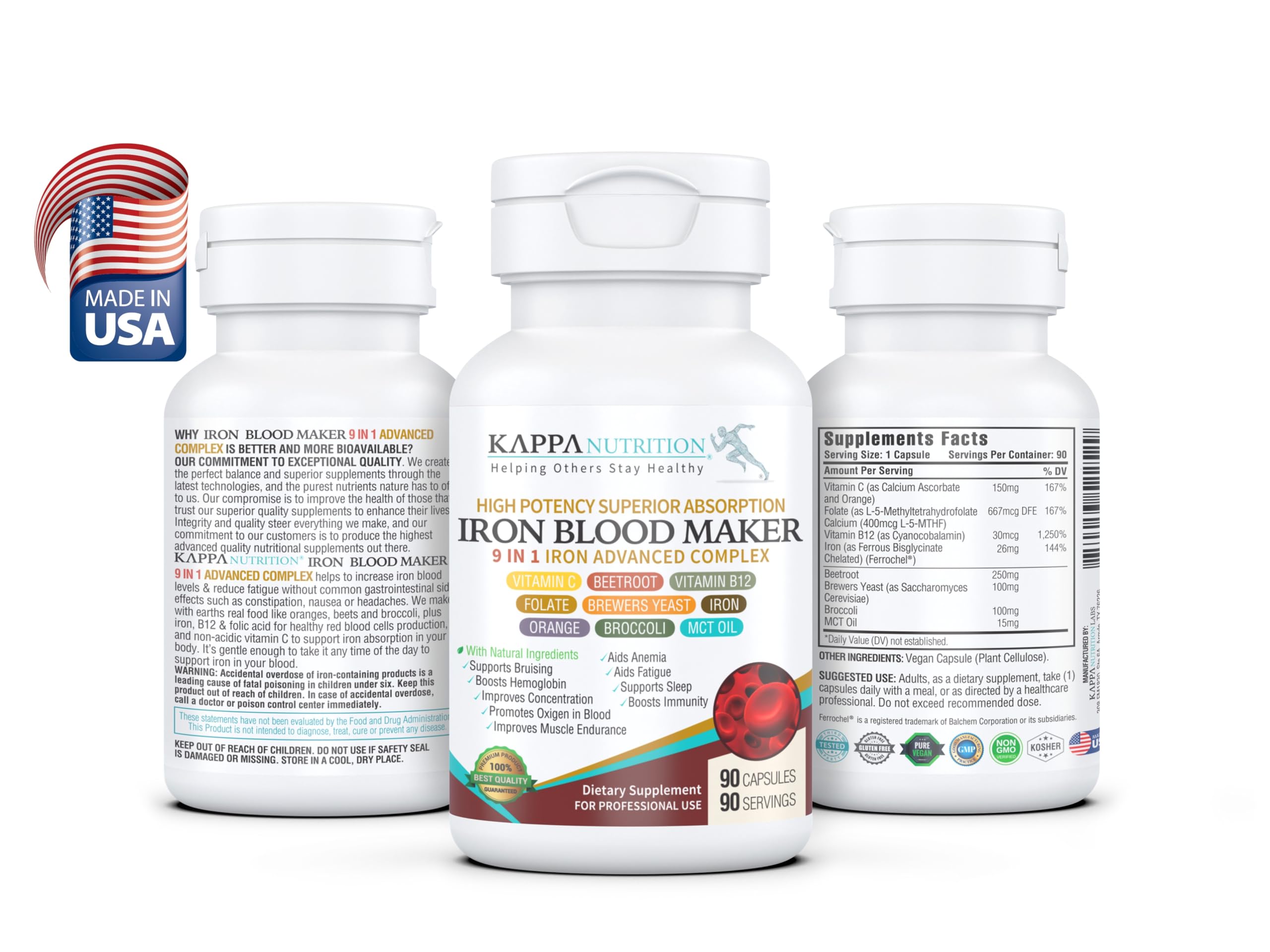 KAPPA NUTRITION Iron 26mg, Vitamin C & Orange 150mg, Folate 667mcg DFE, Vitamin B12, Beetroot, Brewers Yeast, Broccoli & MCT Oil 9 in 1 Advanced Complex (90 Capsules) KAPPA NUTRITION buy supplements canada