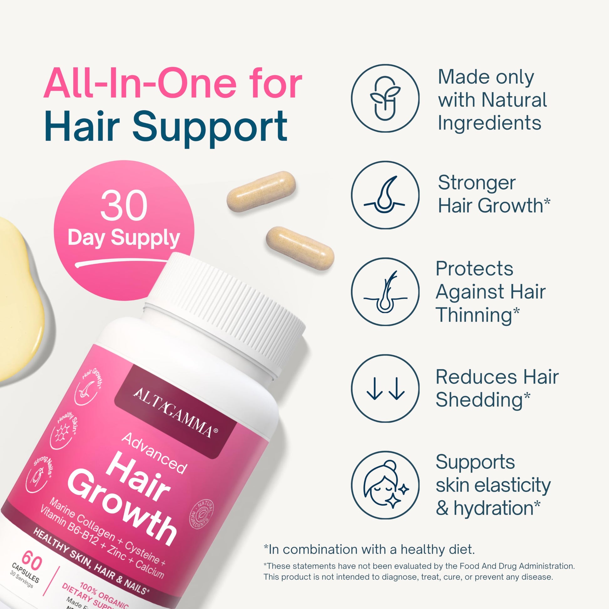 ALTAGAMMA Hair Growth Supplements - Nourishes Thinning, Strengthen Nails & Skin & Combat Hair Loss - Hair Growth Vitamins for Women & Men with Marine Collagen Peptides, 60 Capsules | 30 Day Supply ALTAGAMMA buy supplements canada