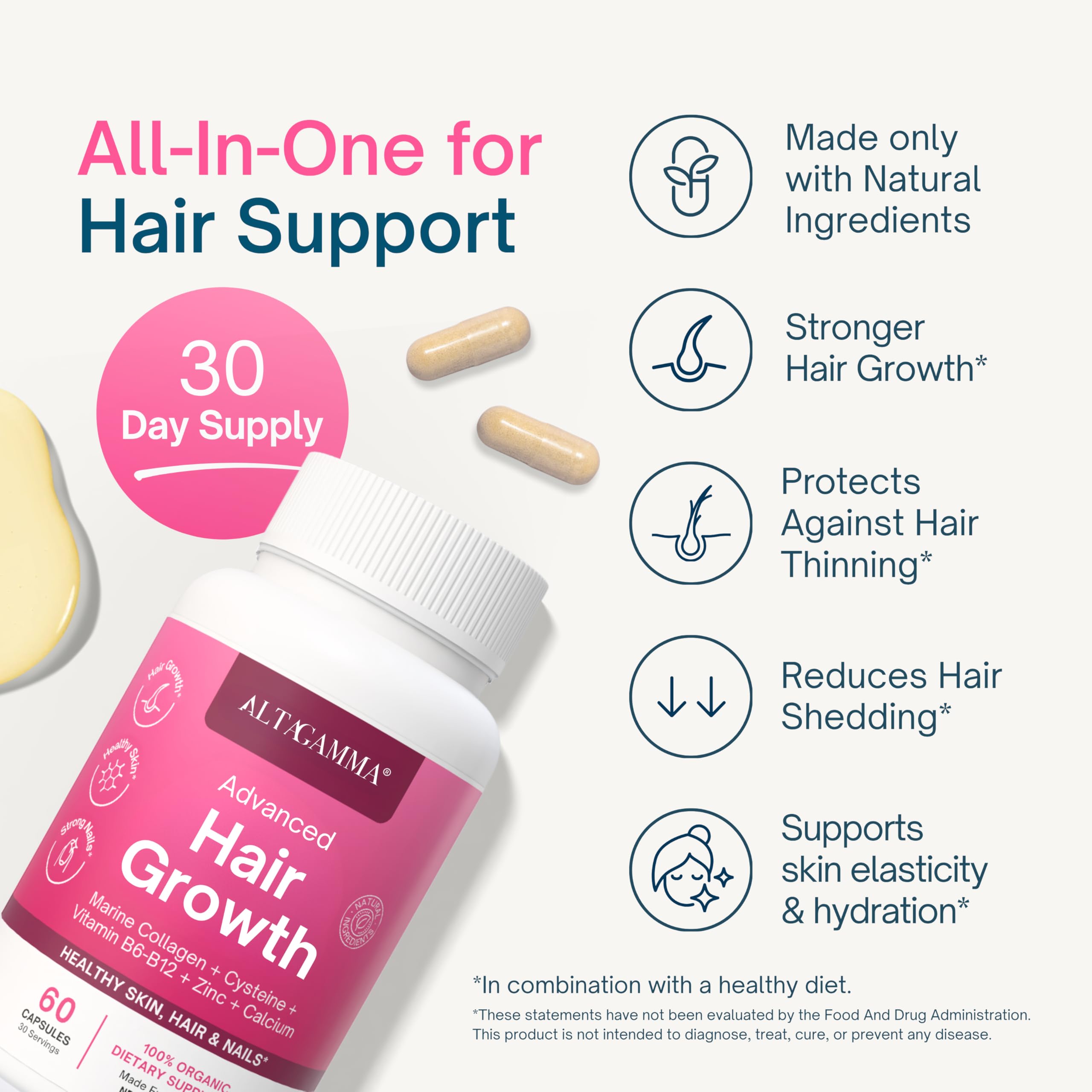 ALTAGAMMA Hair Growth Supplements - Nourishes Thinning, Strengthen Nails & Skin & Combat Hair Loss - Hair Growth Vitamins for Women & Men with Marine Collagen Peptides, 60 Capsules | 30 Day Supply ALTAGAMMA buy supplements canada
