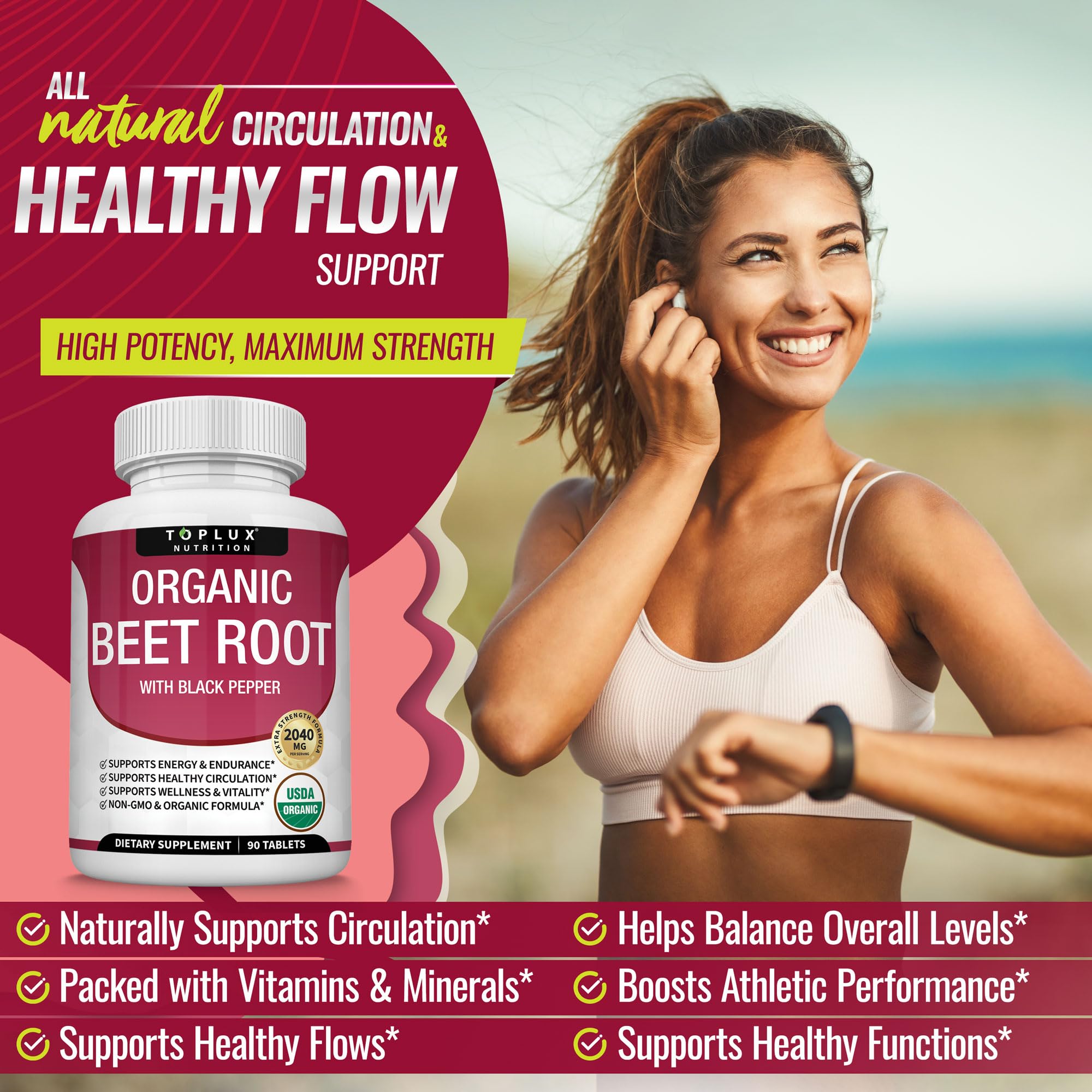 Toplux Organic Beet Root Powder Tablets - 2040mg Natural Nitric Oxide Beets to Support, Energy, Black Pepper Better Absorption, Non-GMO, for Men Women, 90 Tablets Toplux buy supplements canada