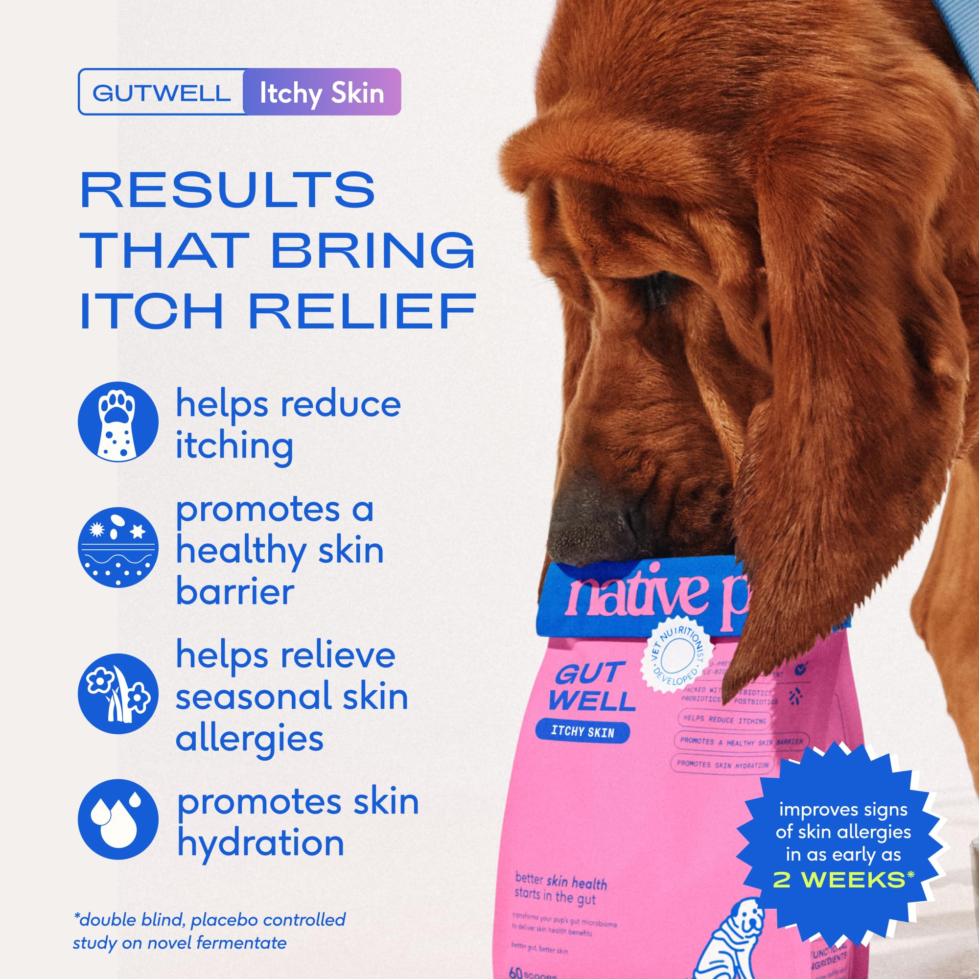 GutWell Itchy Skin - Dog Itching Skin Relief & Seasonal Allergy Itch Relief for Dogs - Promotes Skin Hydration, Elasticity & Healthy Barrier with Triple-biotic Blend, Zinc, & Vitamin E - 60 Scoops Native Pet buy supplements canada
