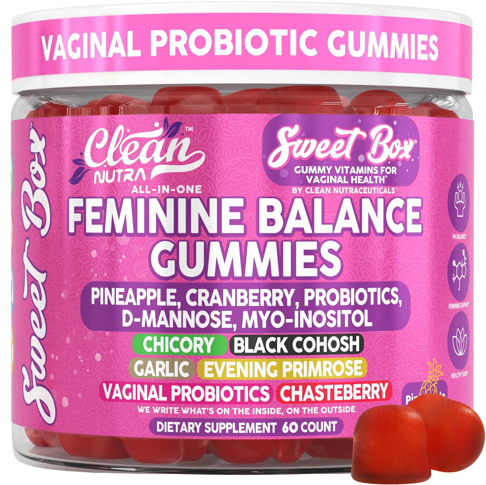 Clean Nutra Feminine Balance Gummies for Women Pineapple VaginalProbiotics pH Balance Cranberry D Mannose Supplement Inositol Black Cohosh Evening Primrose Garlic Vitex GLA Prebiotics Folate 60ct Clean Nutraceuticals buy supplements canada