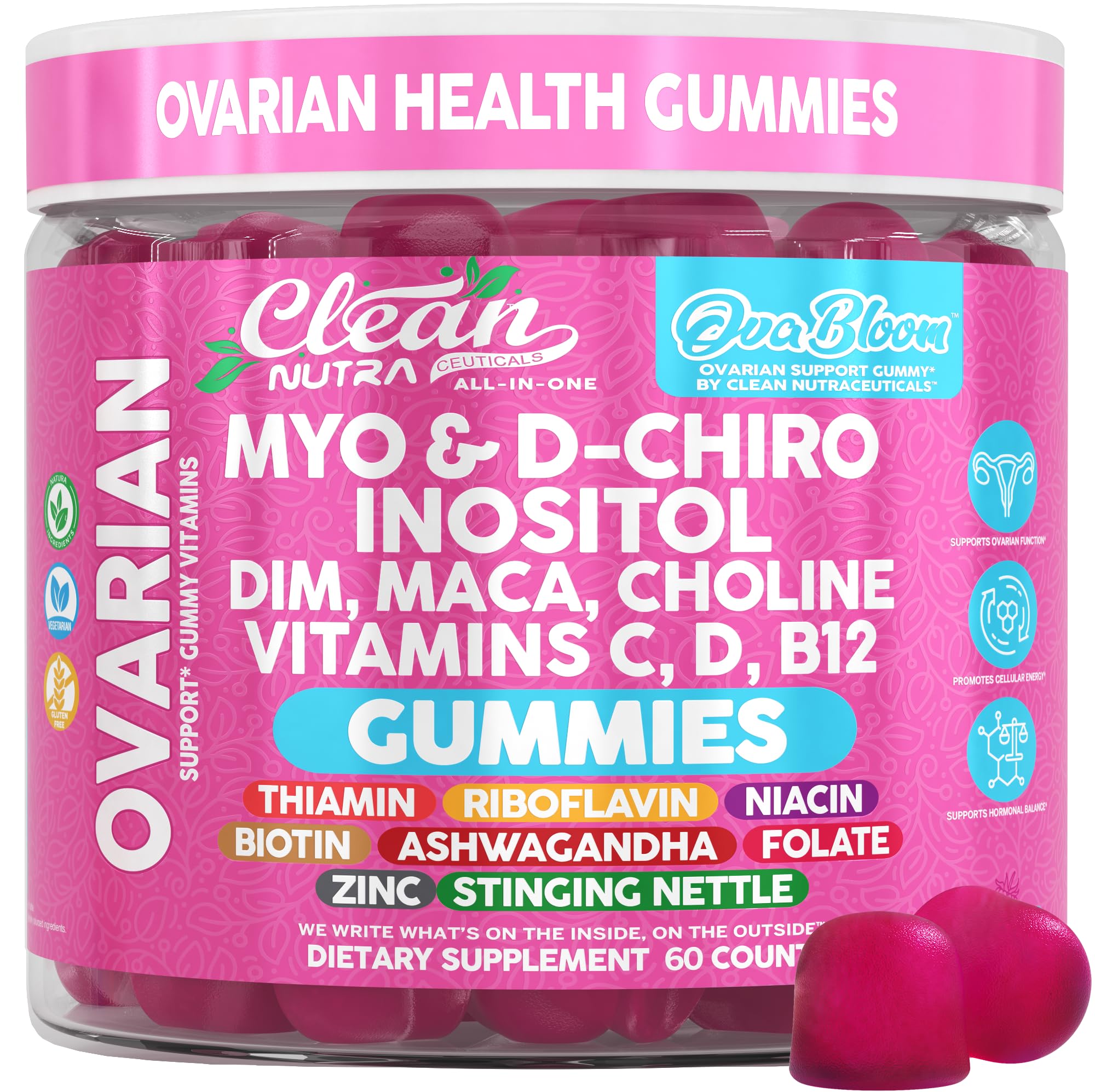 OVA Bloom Ovarian Support Gummies Myo Inositol D-Chiro Inositol Choline Flax Biotin Riboflavin Thiamin Niacin Ashwagandha DIM Maca Root Vitamin C D3 B12 Zinc 60 Count By Clean Nutra Clean Nutraceuticals buy supplements canada
