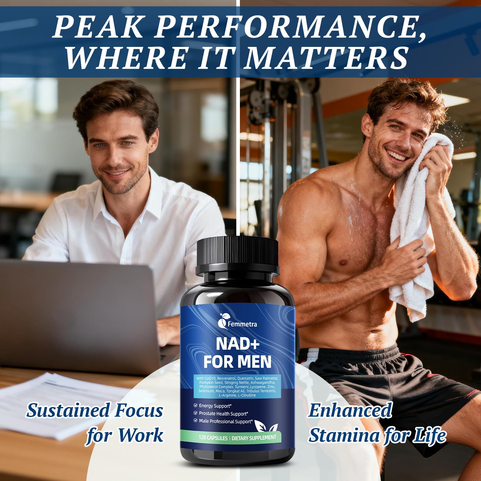 Femmetra NAD+ Supplements for Men with Saw Palmetto | All-in-One Cellular Energy, Prostate Support & Nitric Oxide Supplement with Resveratrol, L-Arginine | Non-GMO, 120 Capsules Femmetra buy supplements canada