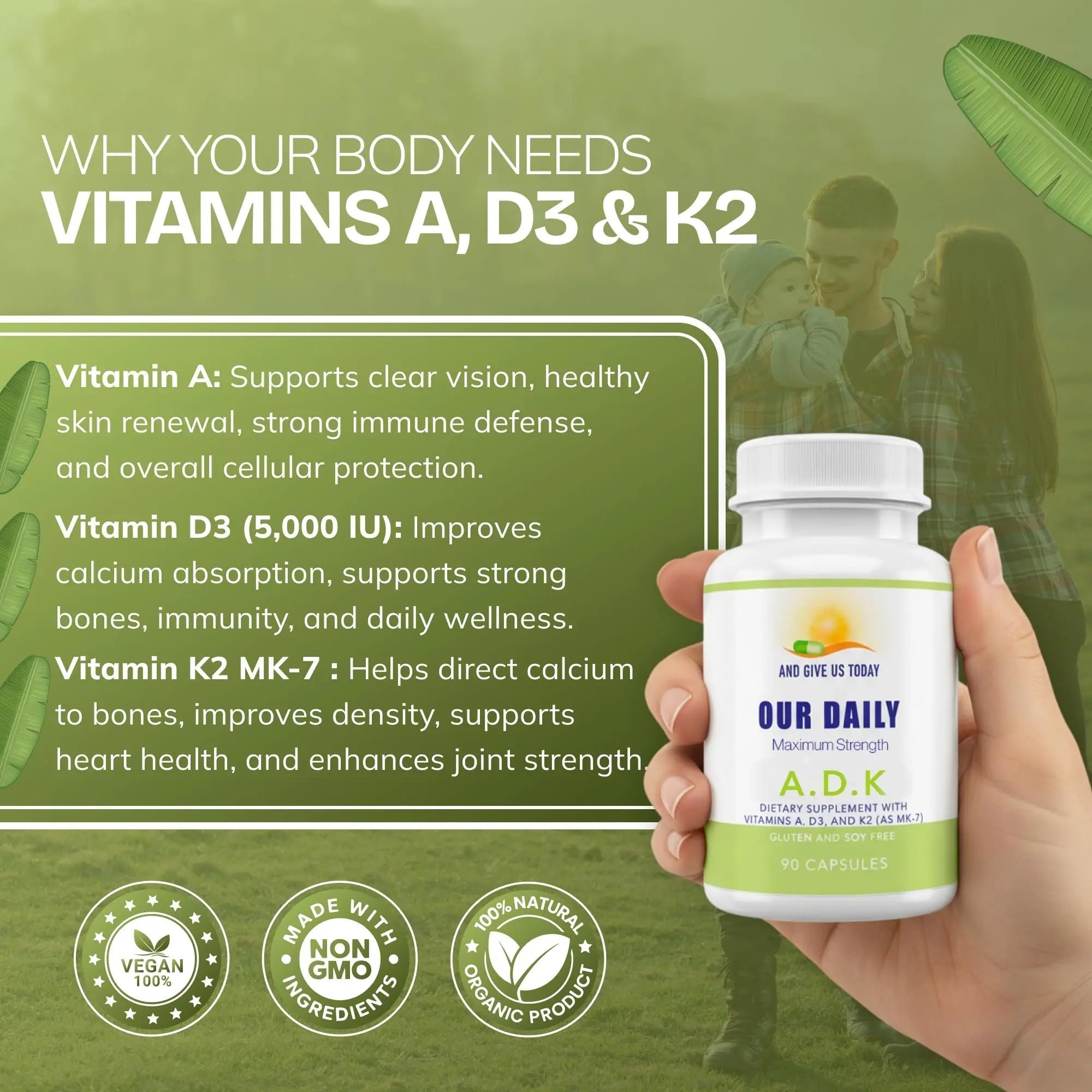 Daily Vites, ADK Vitamin Supplement 5000 IU, 90 Capsules - 3 Months Supply - High Potency Vitamin A, D3 & K2 (MK-7) - Physician Formulated ADK for Bone, Heart AND GIVE US TODAY OUR DAILY buy supplements canada