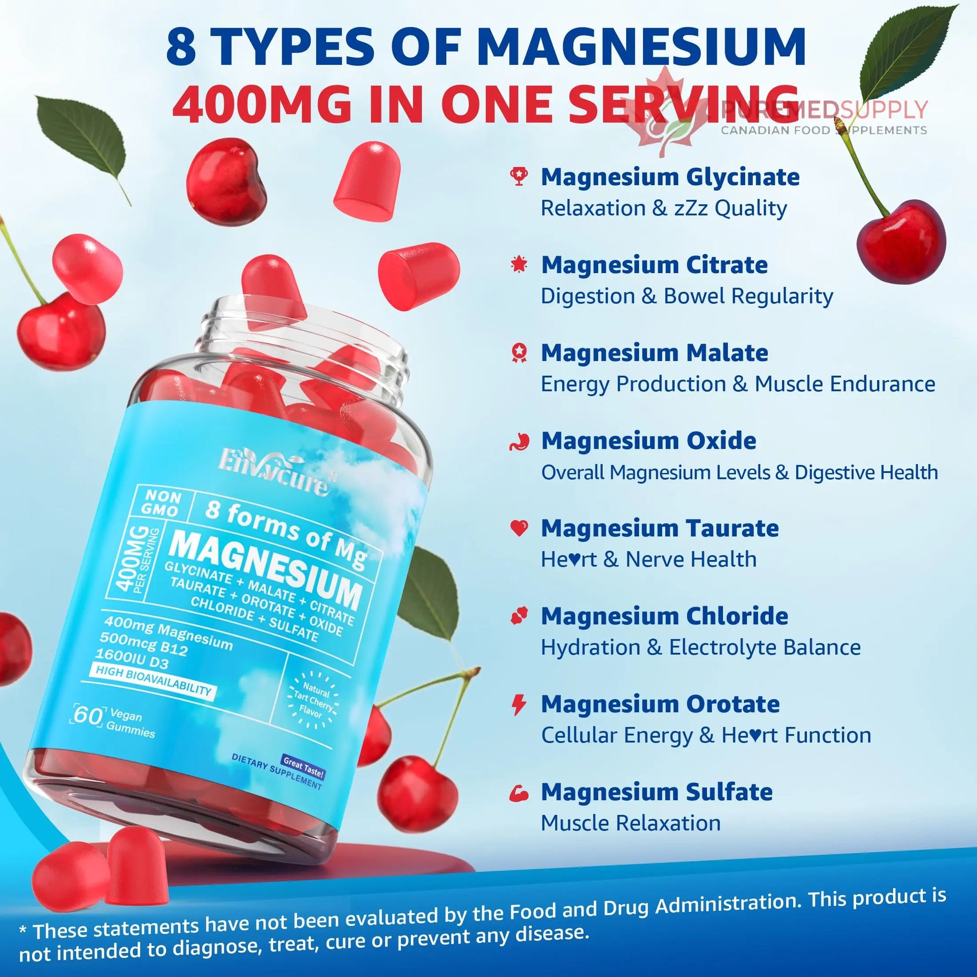 Magnesium Complex Gummies 400mg | as 8 Forms of Magnesium Glycinate, Malate, Citrate, Taurate, Oxide & More | w/Ashwagandha Extract, D3 & B12 Supports for Calm, Zzz, Mood, Muscle Cramp - Vegan 120Cts EnvyCure buy supplements canada