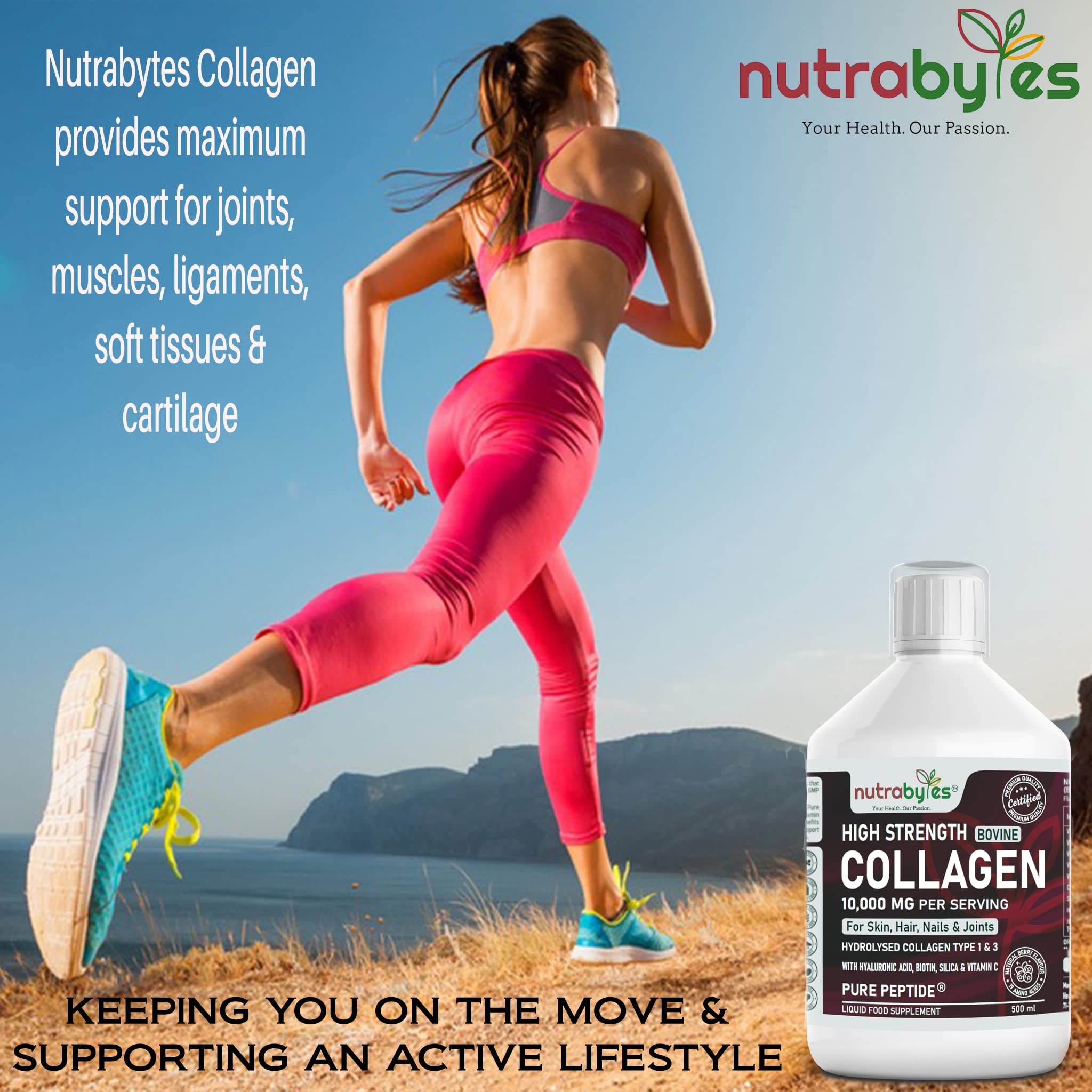 Collagen Liquid 10000mg, Hydrolysed Peptides | Hyaluronic Acid, Biotin, Silica, Vitamin C, Vitamin B12 NUTRABYTES buy supplements canada