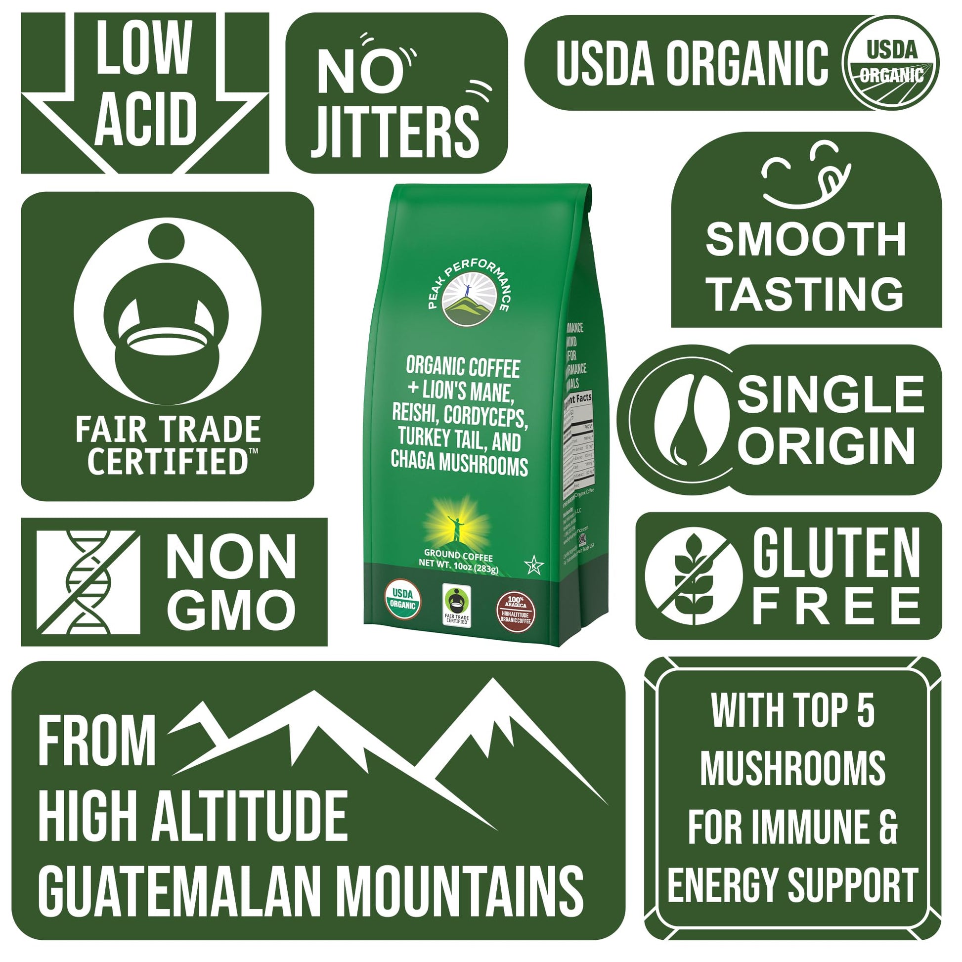Organic Low Acid Mushroom Coffee with Lion's Mane, Reishi, Cordyceps, Turkey Tail, and Chaga Mushrooms - Great Tasting Premium High Altitude Medium Roast Ground Bags 10 oz by Peak Performance Peak Performance buy supplements canada