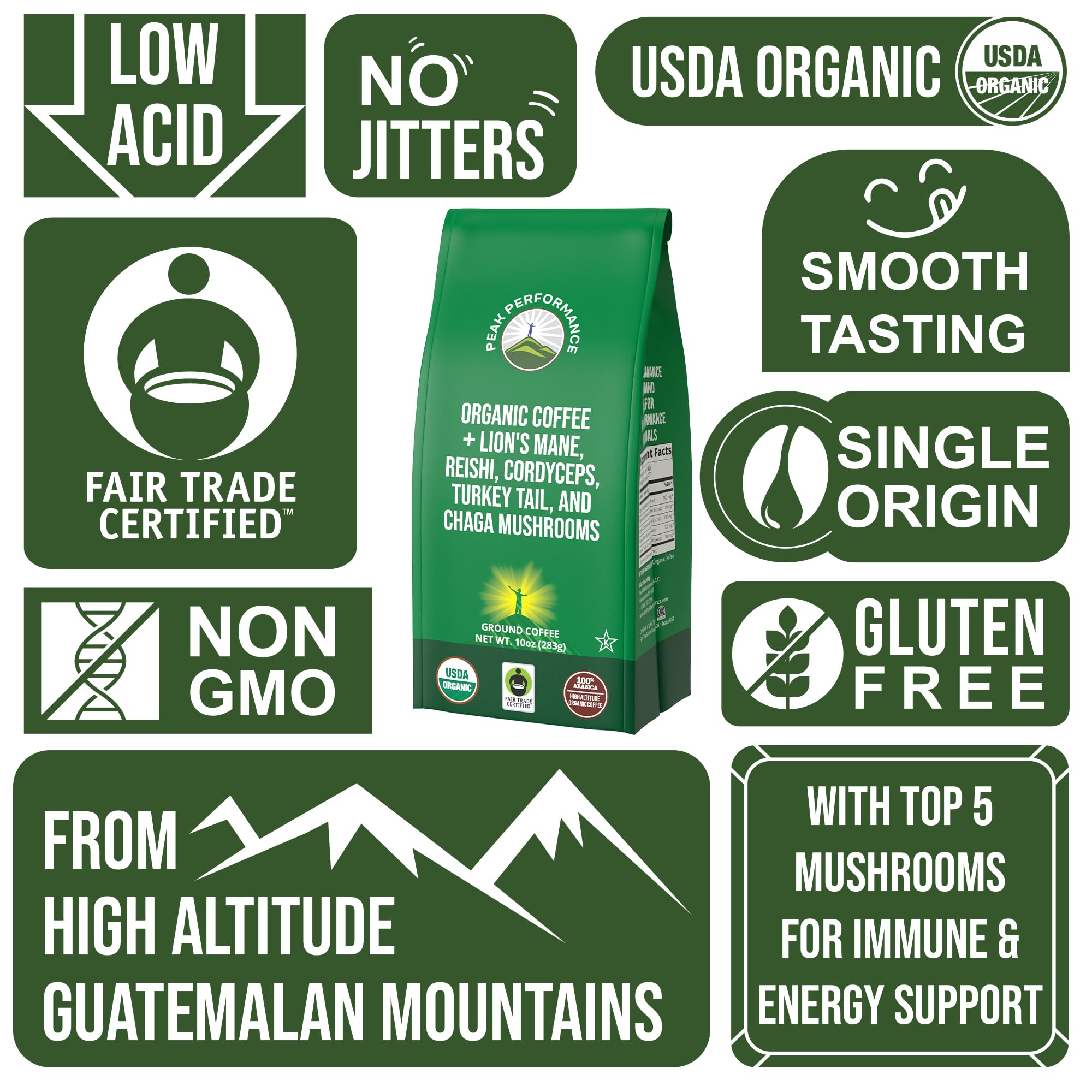 Organic Low Acid Mushroom Coffee with Lion's Mane, Reishi, Cordyceps, Turkey Tail, and Chaga Mushrooms - Great Tasting Premium High Altitude Medium Roast Ground Bags 10 oz by Peak Performance Peak Performance buy supplements canada
